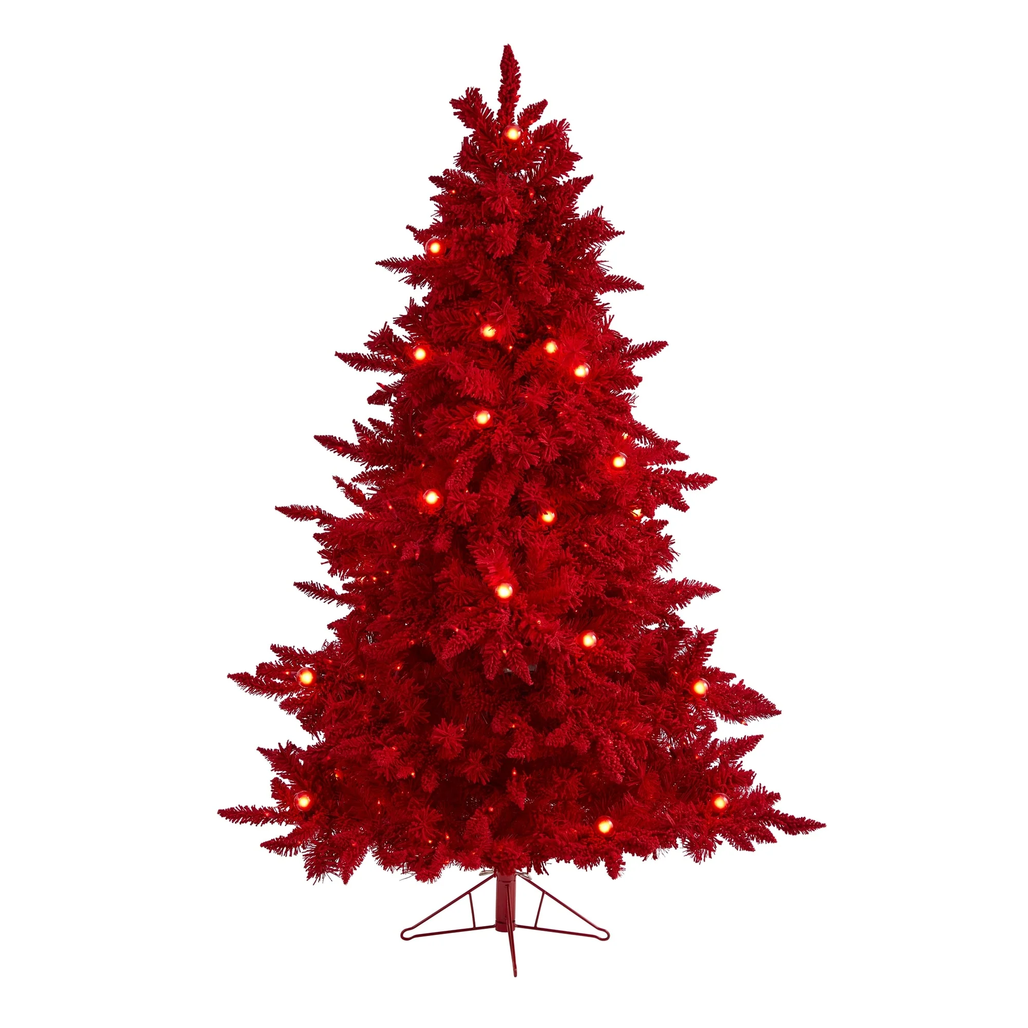 6' Red Flocked Fraser Fir Christmas Tree with 350 Red Lights