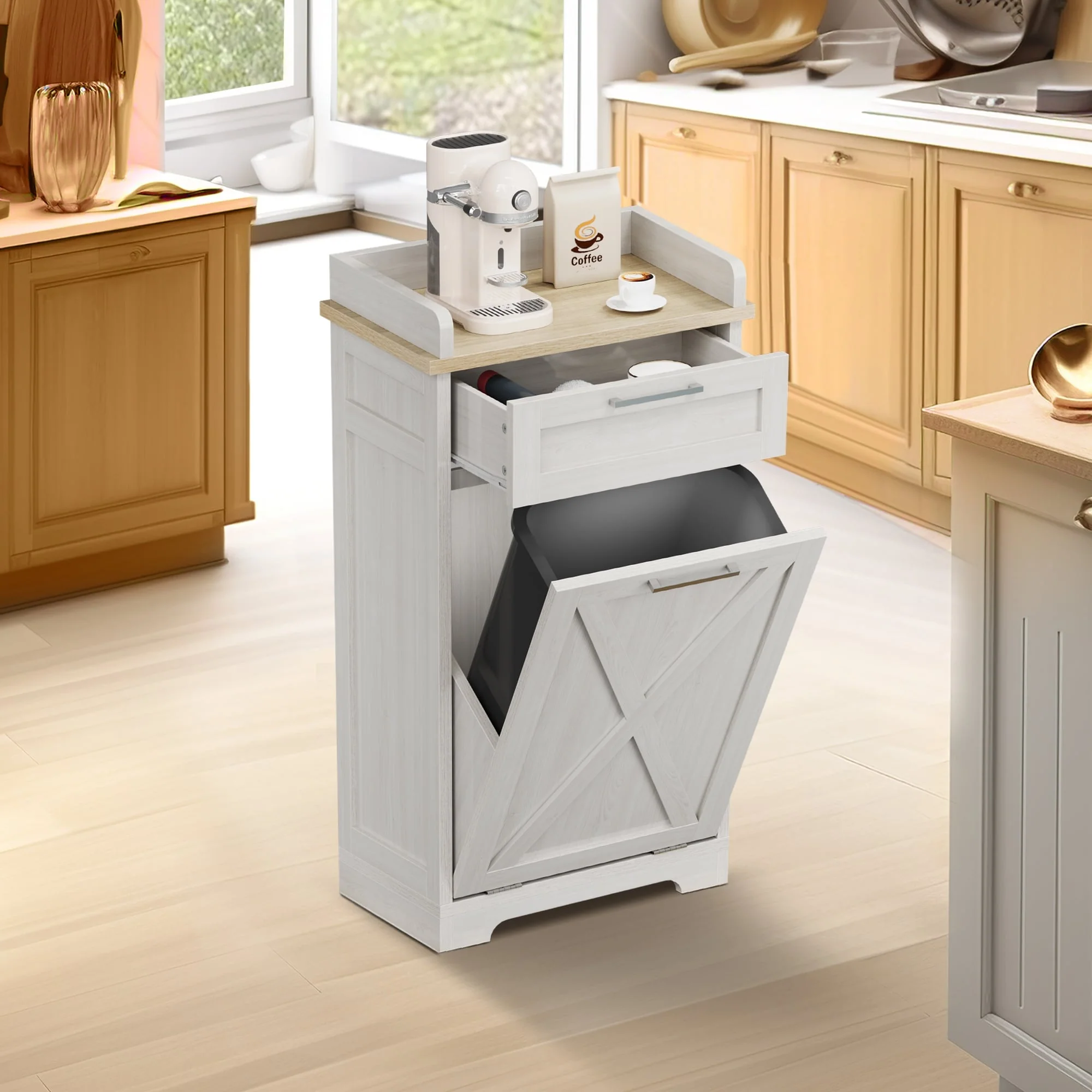 Kitchen Wooden Tilt Out Trash Can Cabinet Freestanding Trash Bin Holder