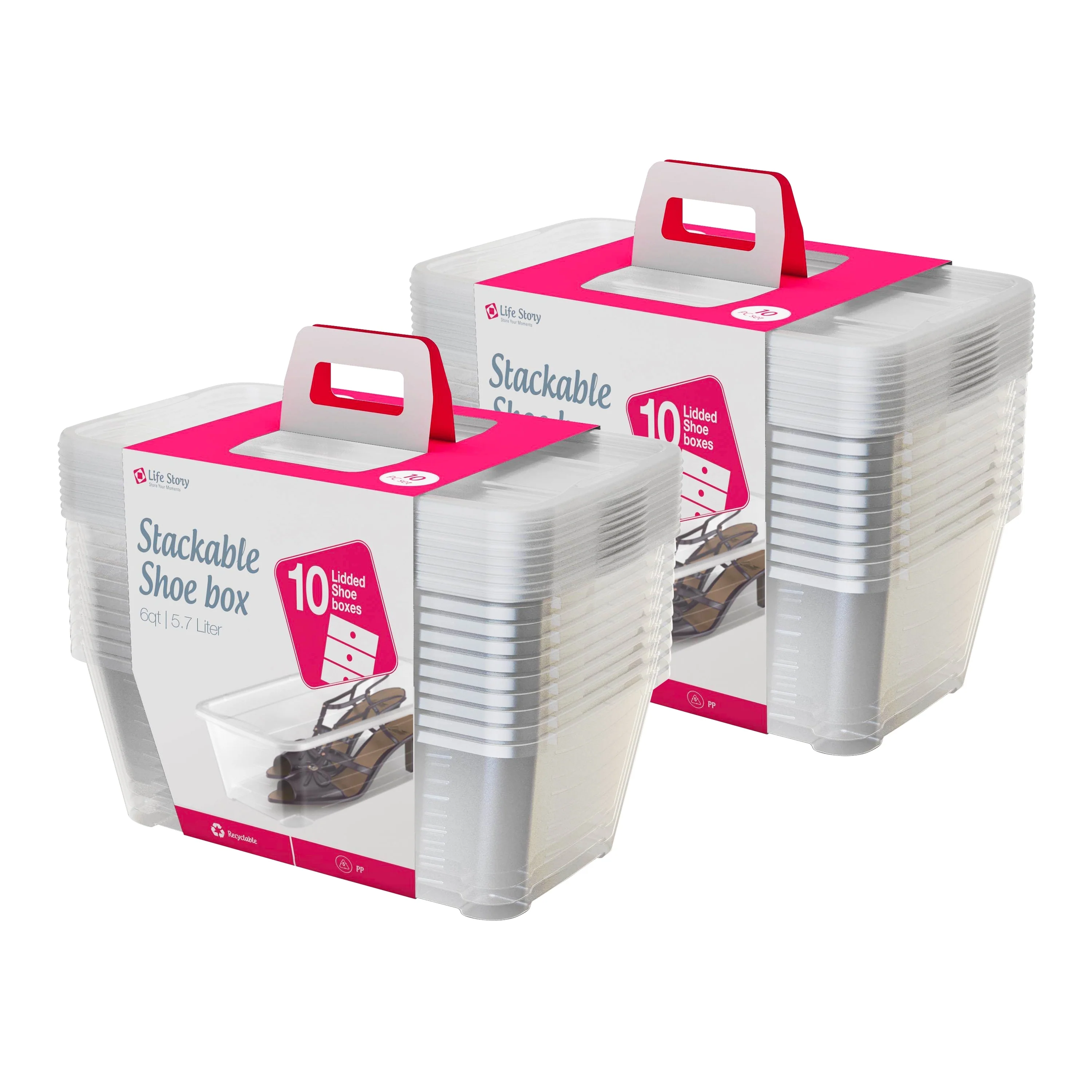 Life Story 6L Shoe and Closet Storage Box Stacking Containers, Clear (10 Pack)