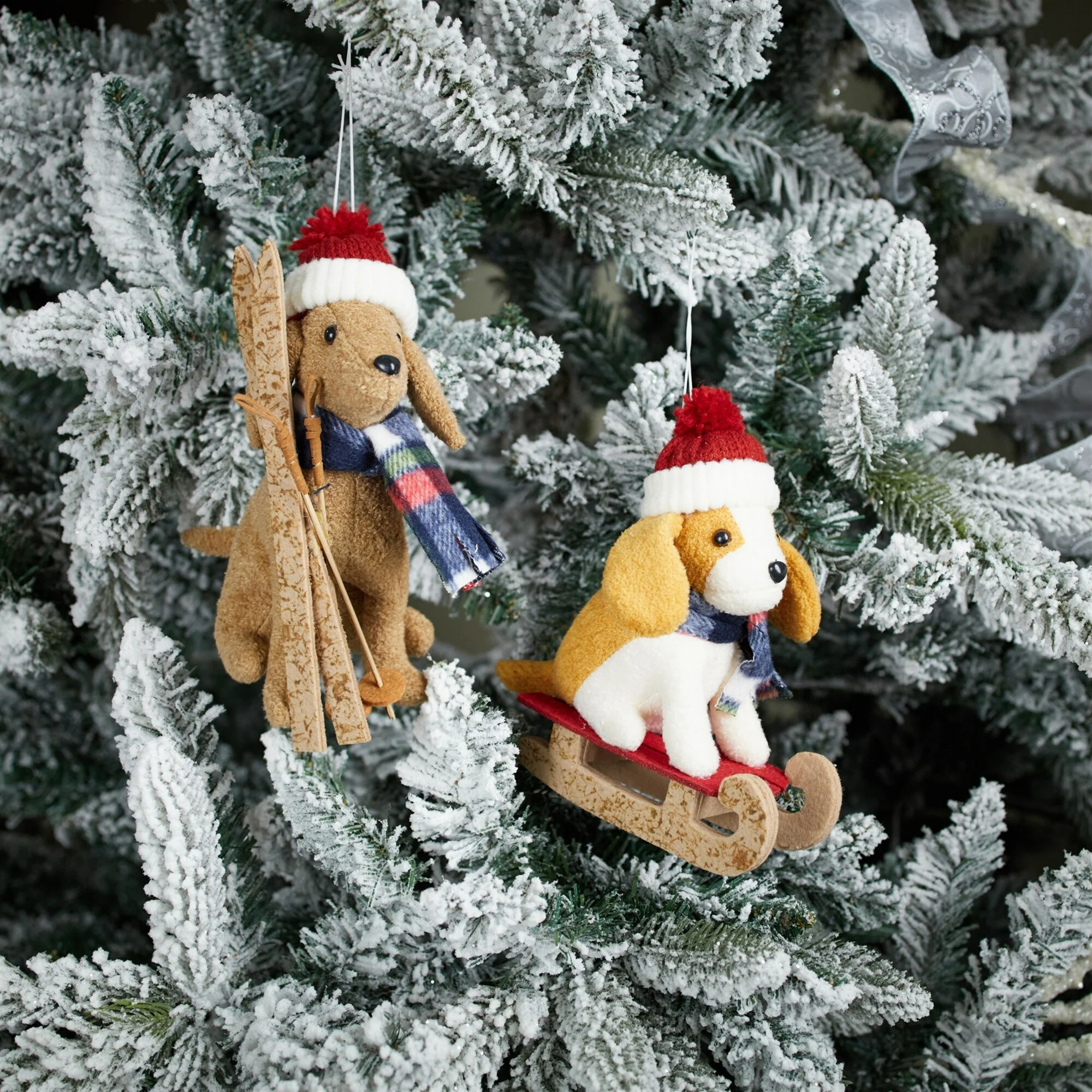 Plush Ski and Sled Dog Christmas Ornaments - 7.25