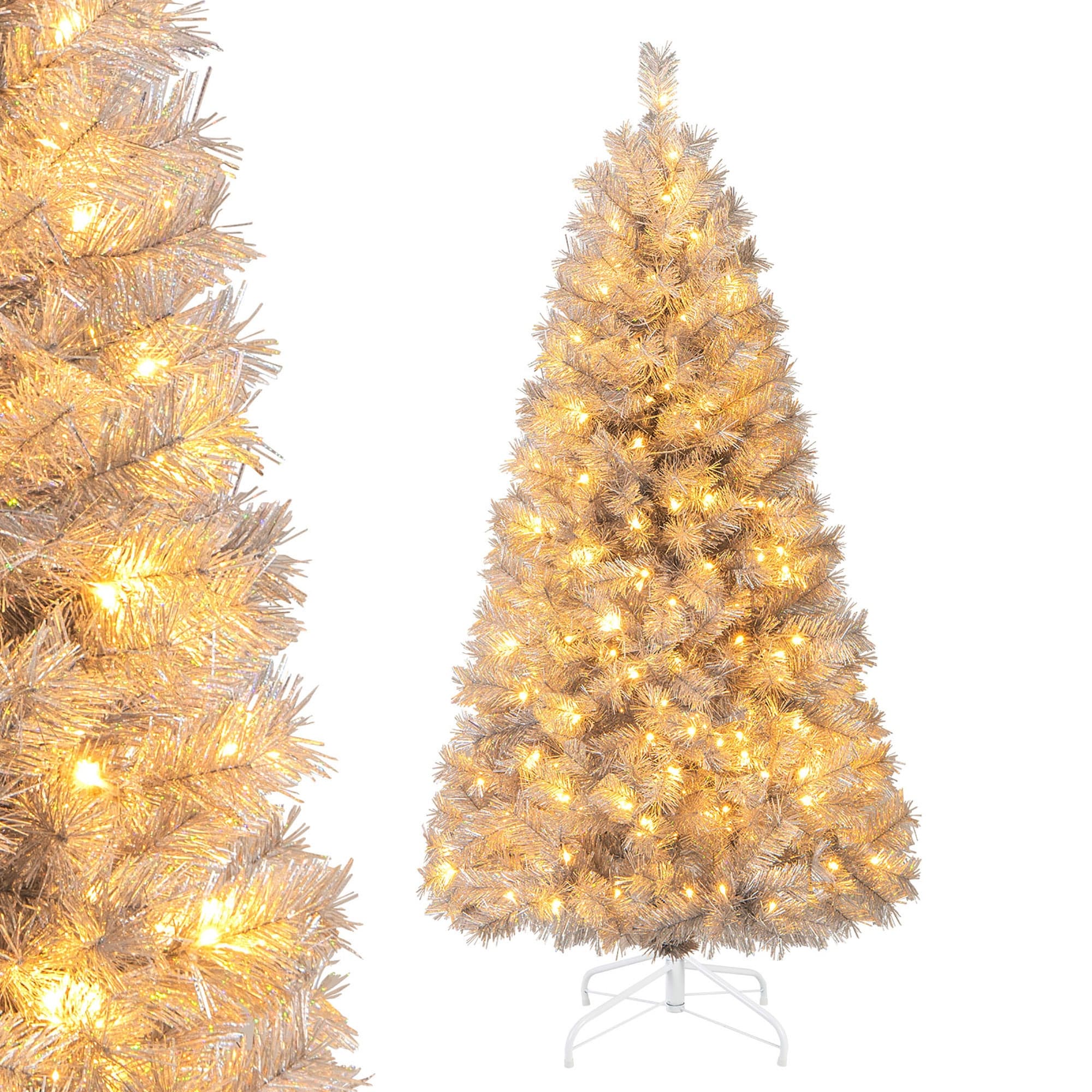 Gymax 5/6/7 FT Pre-Lit Artificial Christmas Tree Silver Tinsel Hinged - See Details