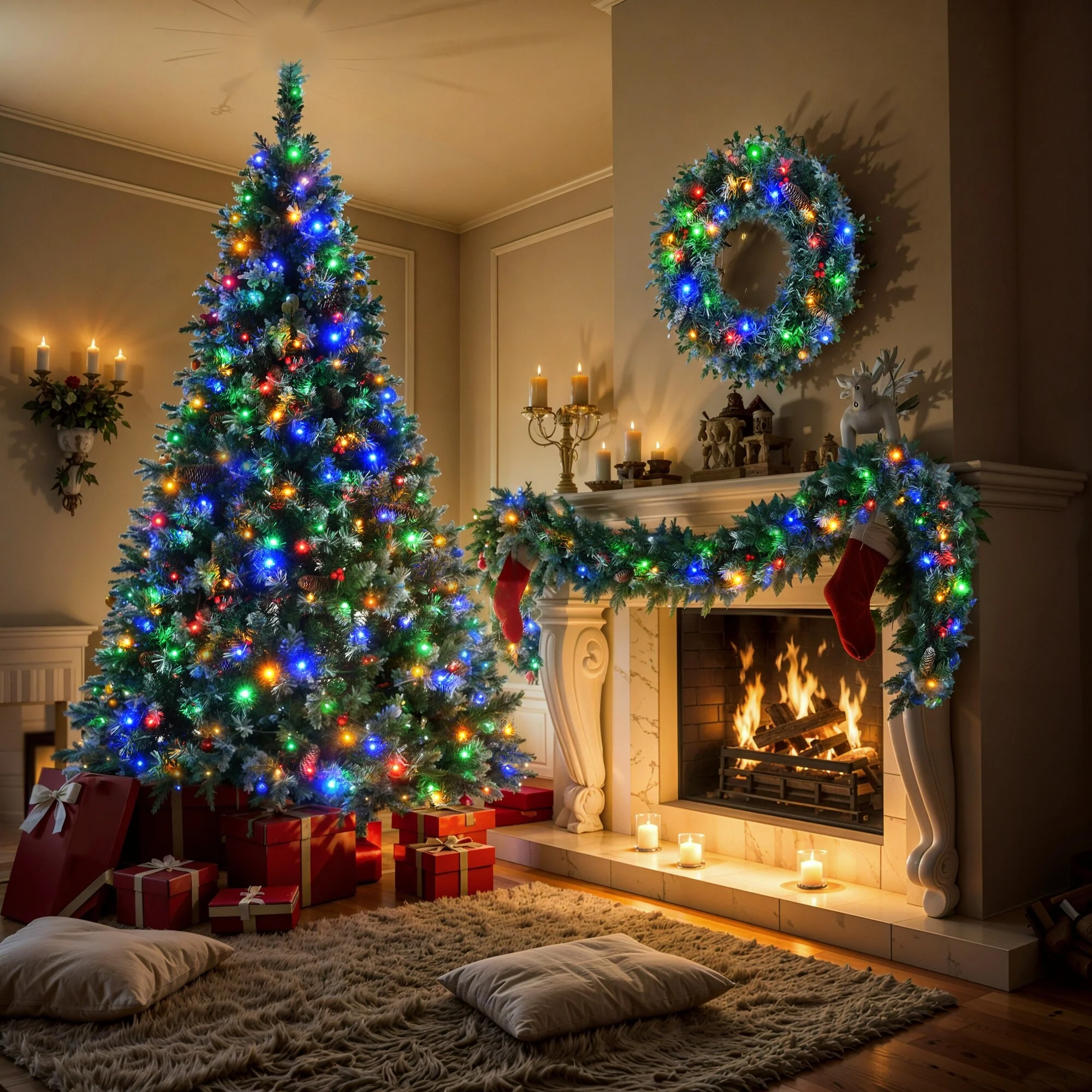 6FT Dark Green Pine Christmas Tree with 11 Lighting Modes, Wreath, and Garland for Holiday Cheer