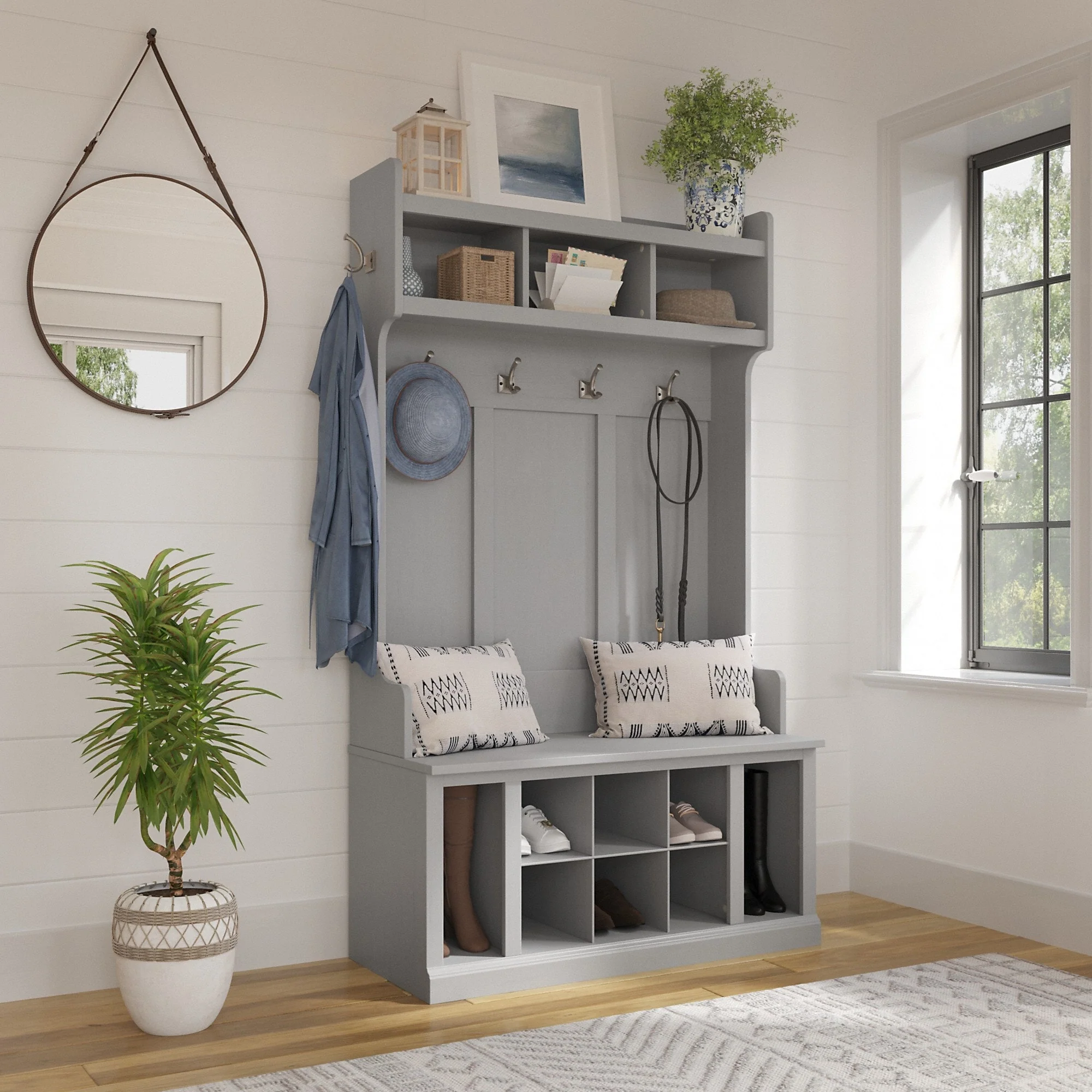 Woodland 40W Hall Tree and Shoe Bench with Shelves by Bush Furniture