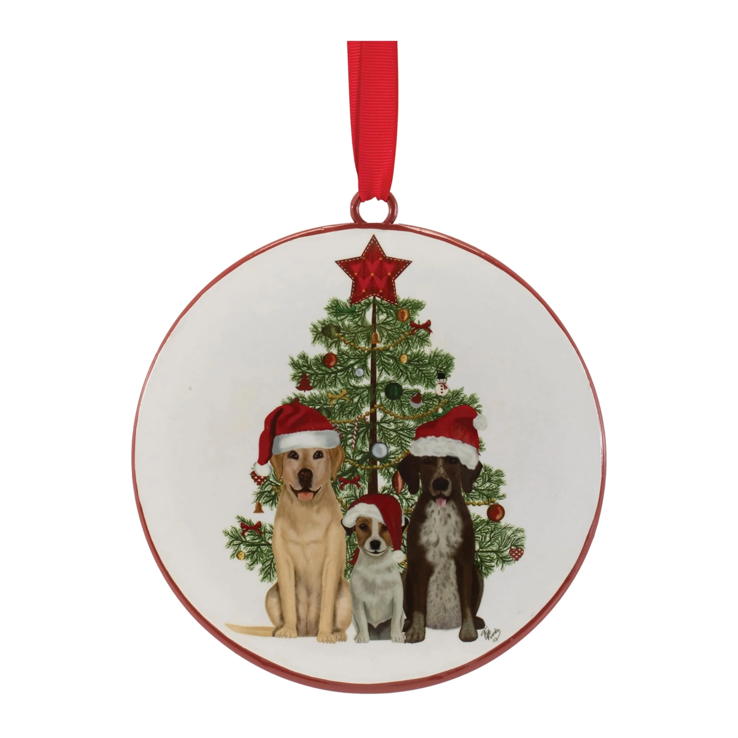 Set of 12 Dog Christmas Tree Ornaments Iron Disc Decor with Festive Ribbon for Holiday Display - 6”L x 1”W x 6”H