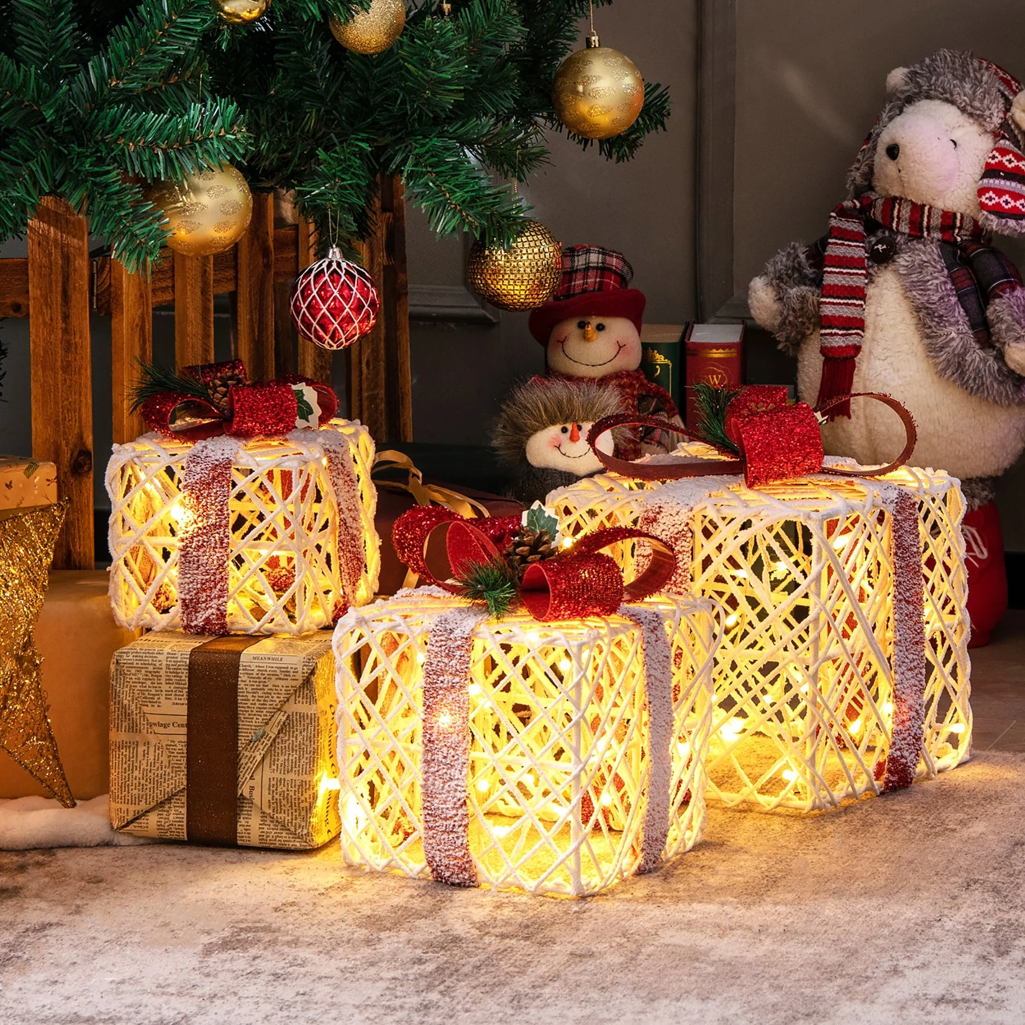 Costway Set of 3 Christmas Lighted Gift Boxes, Indoor Present Box - 9.5''x 9.5''x 10.5''(L x W x H)