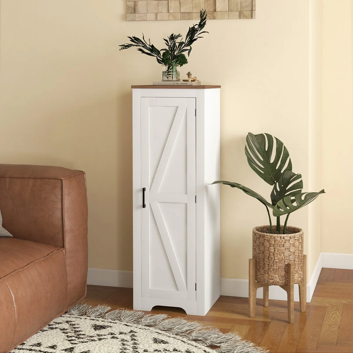 HOMCOM Farmhouse Storage Cabinet with Adjustable Shelf, Single Barn Door Small Bathroom Storage Cabinet for Living Room