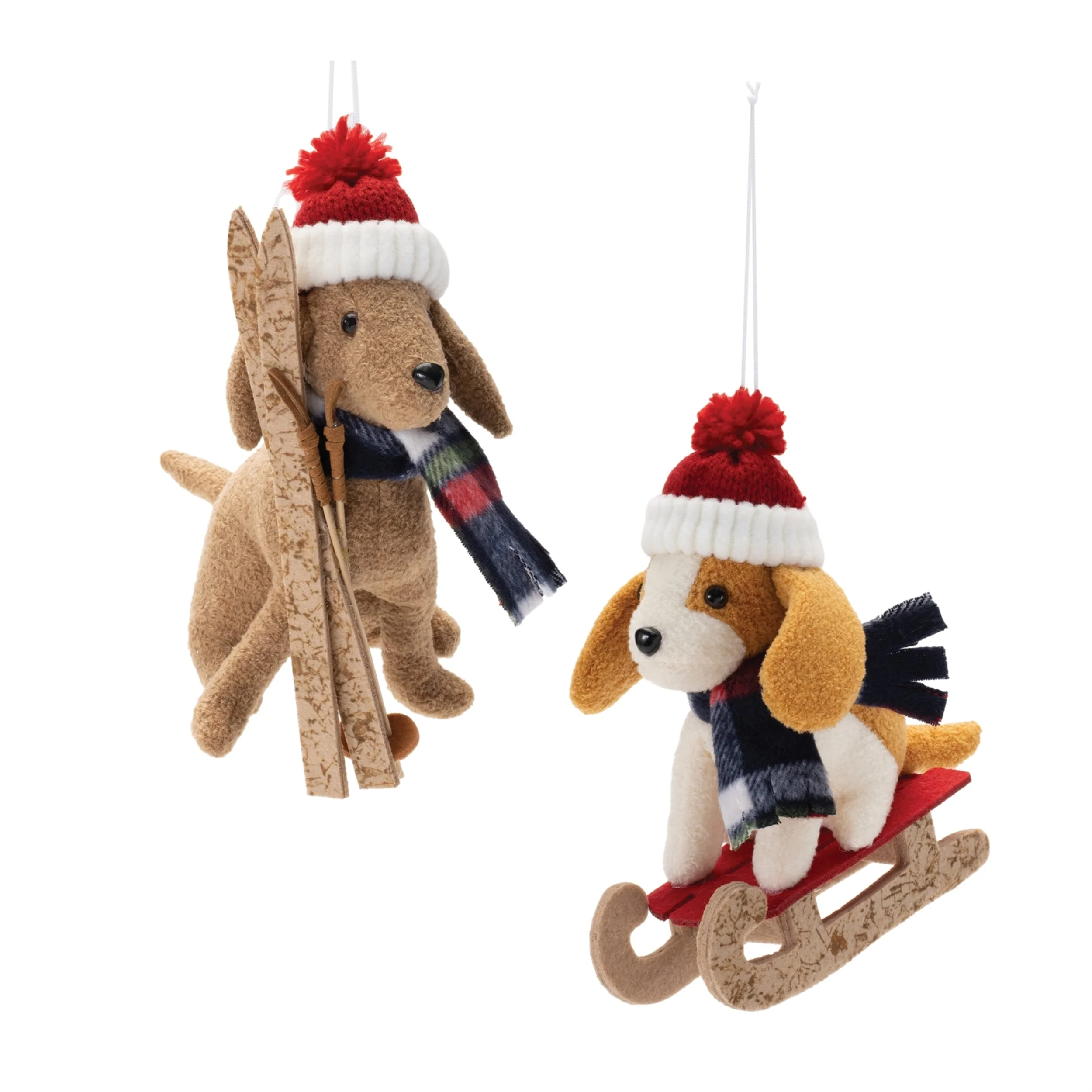 Set of 6 Christmas Plush Dog Ornaments with Ski and Sled Cute Winter Holiday Decorations