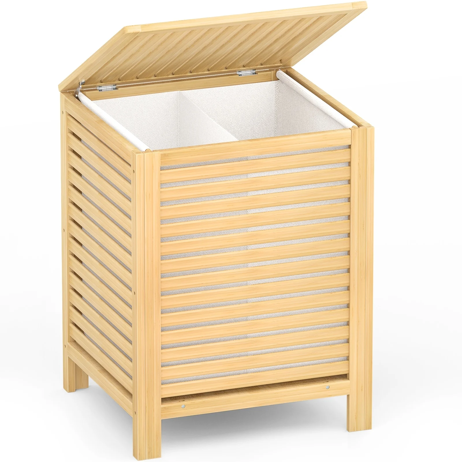 Bamboo 2-Section Laundry Hamper, 120L Large Laundry Basket with Lid and Removable Liner Bag