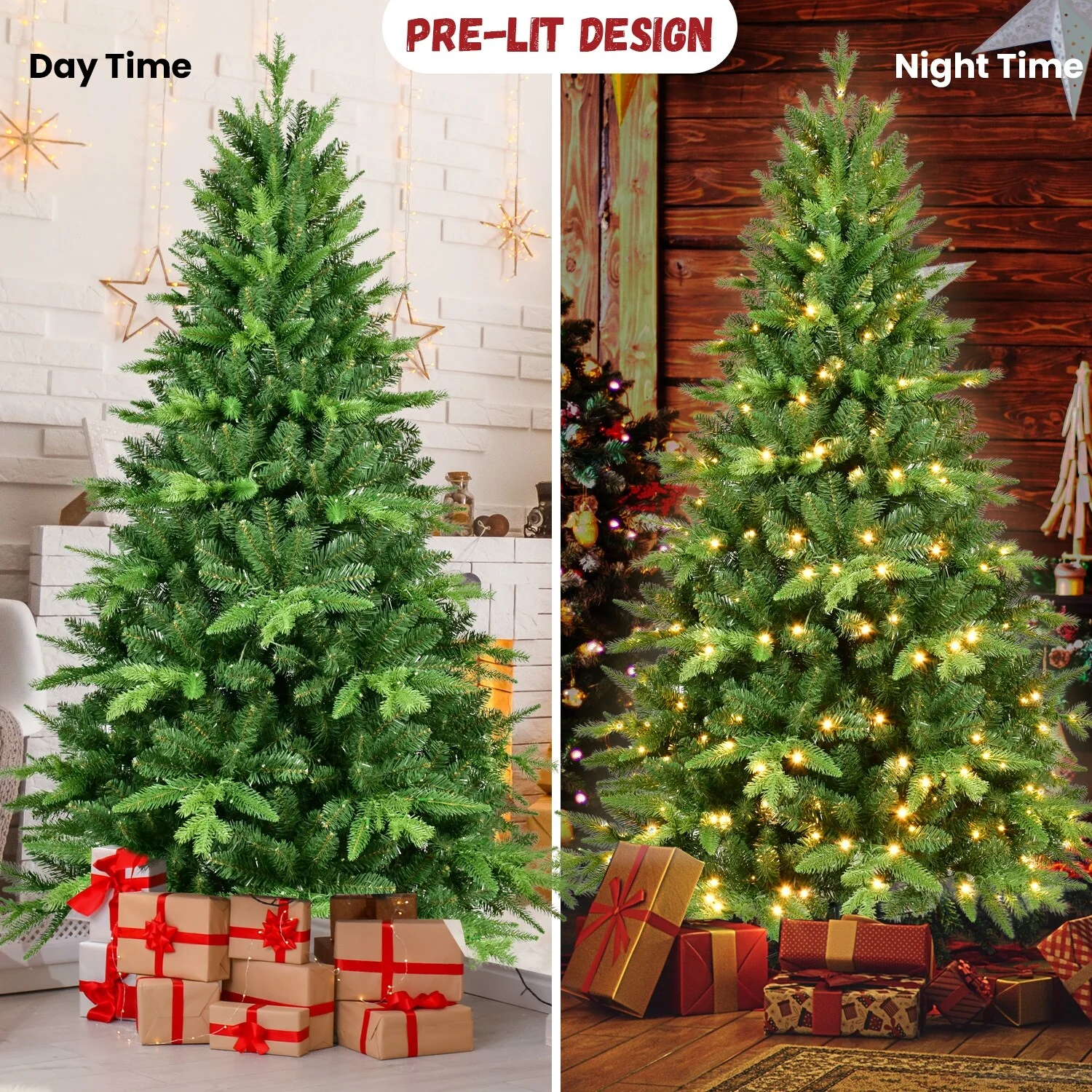 6FT PE&PVC Pre-Lit Christmas Tree with 1228 Tips, 350 LED Lights, and Stable Thickened Stand