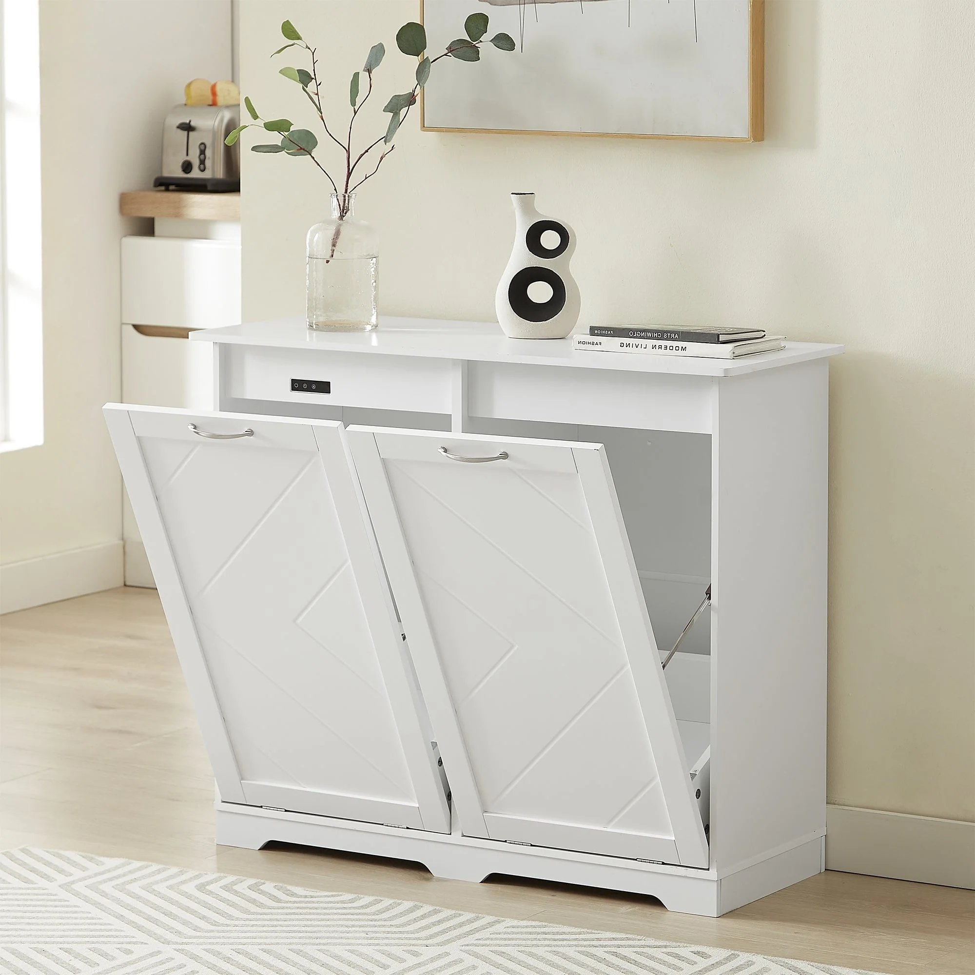 Double Tilt Out Trash Cabinet Free Standing 10 Gallon Recycling Trash Can Cabinet with negative ion and deodorizing function