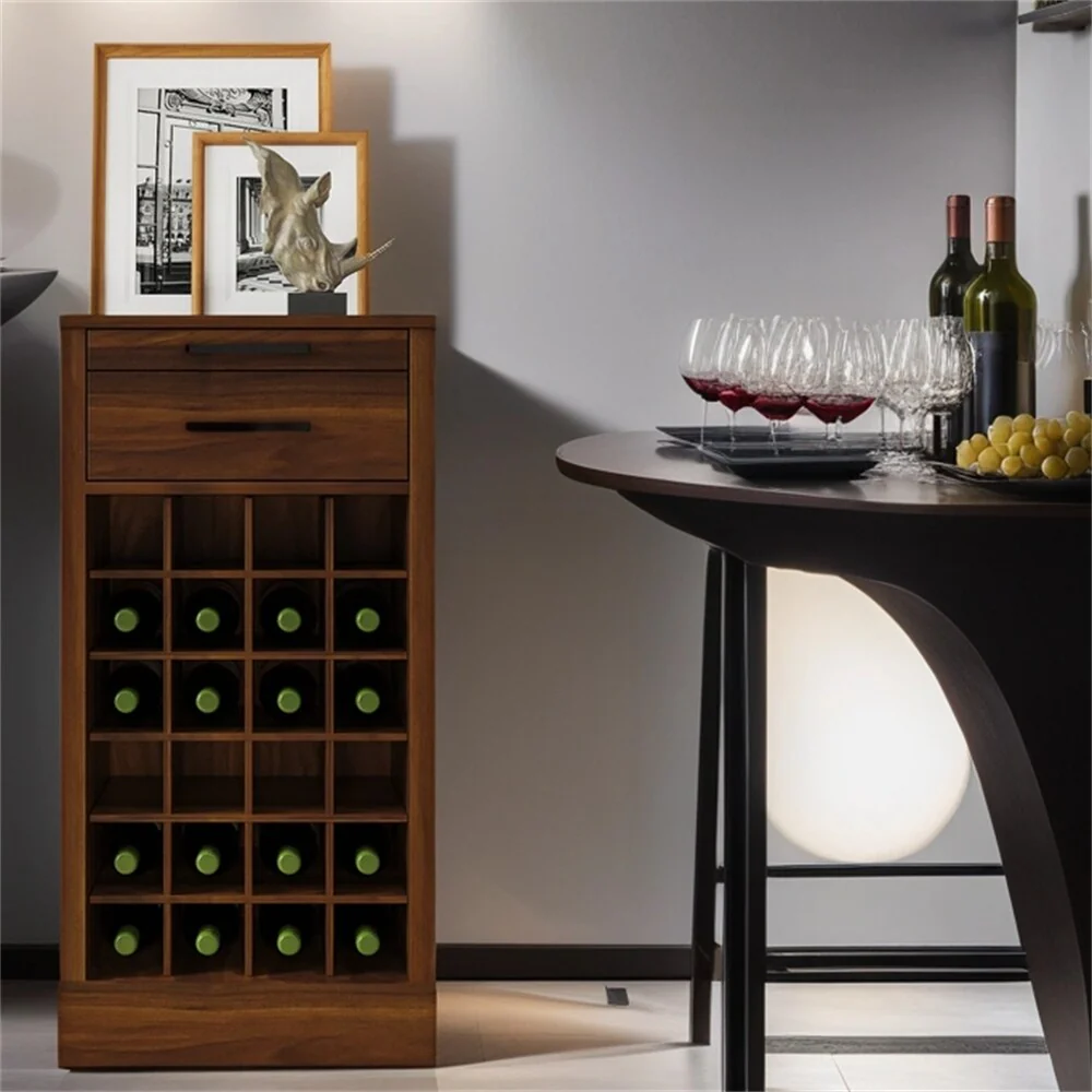 28 Slots Wood Wine Bar Cabinet with Storage Shelves - N/A
