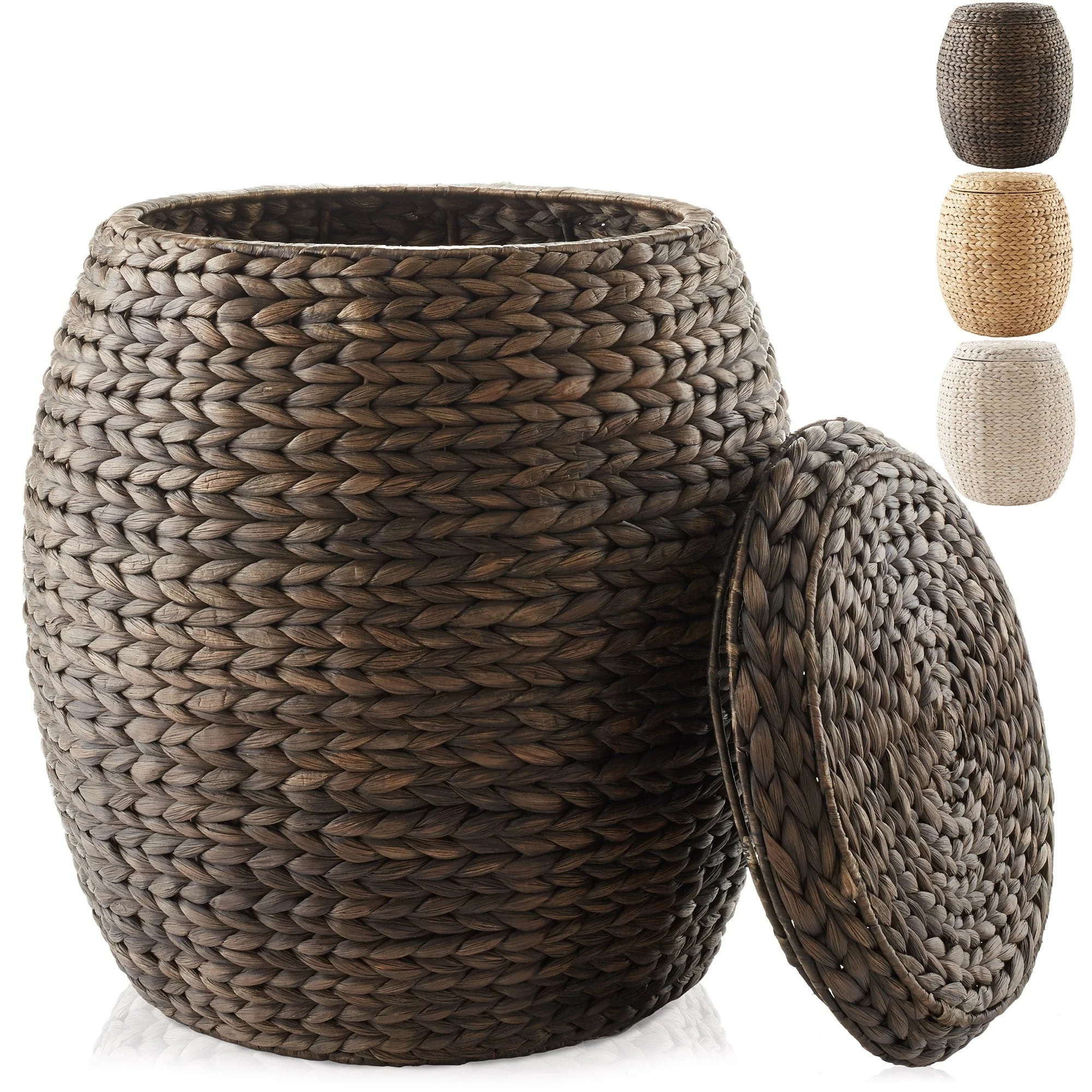 Round Water Hyacinth Storage BasketHamper with Lid