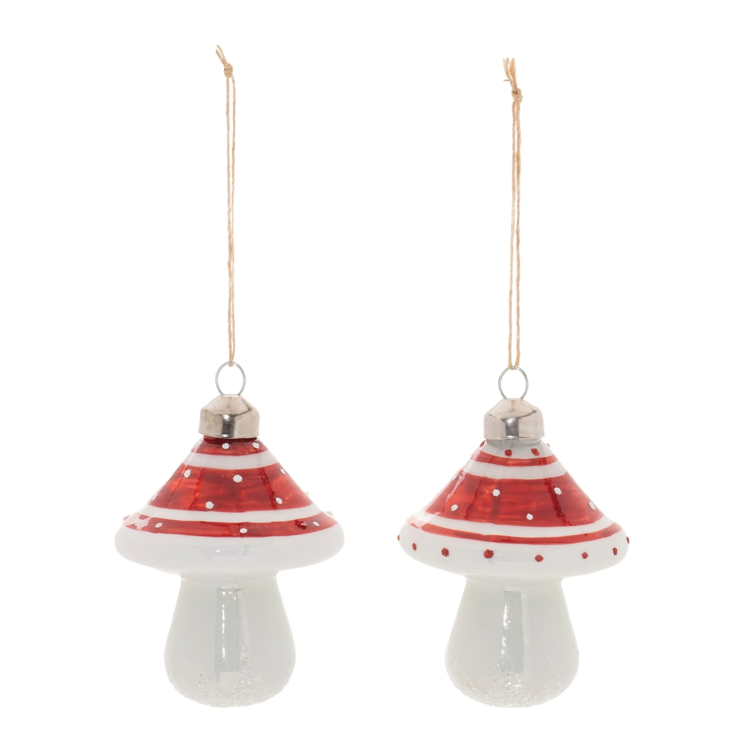 Glass Glittered Mushroom Ornaments Set of 6 with Hanging Strings - 2.5” x 2.5” x 3” (L x W x H)