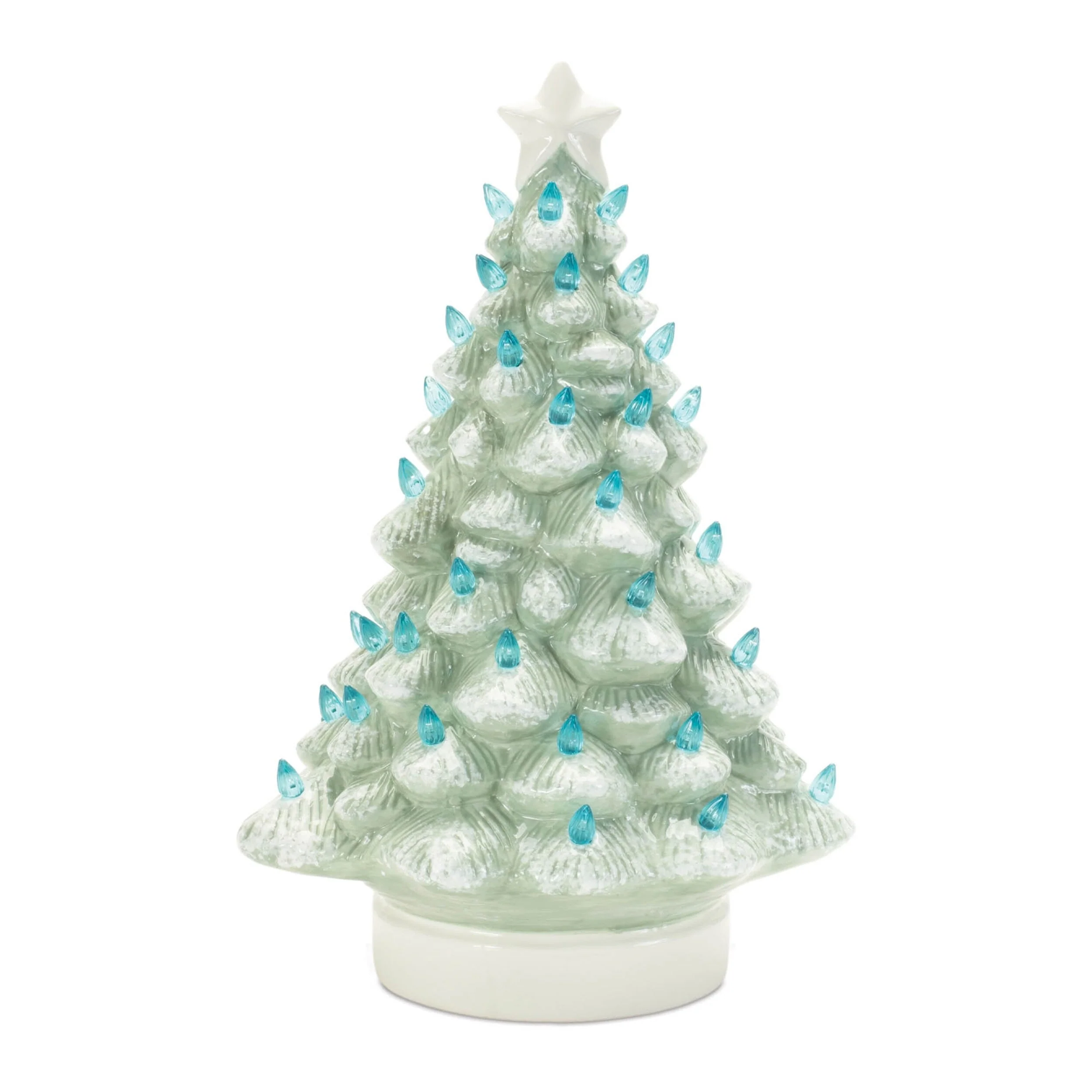 Set of 2 Lighted Ceramic Christmas Tree Blue and Green Holiday Table Decorations with LED Lights - 7.75”L x 7.75” x 11.5”H