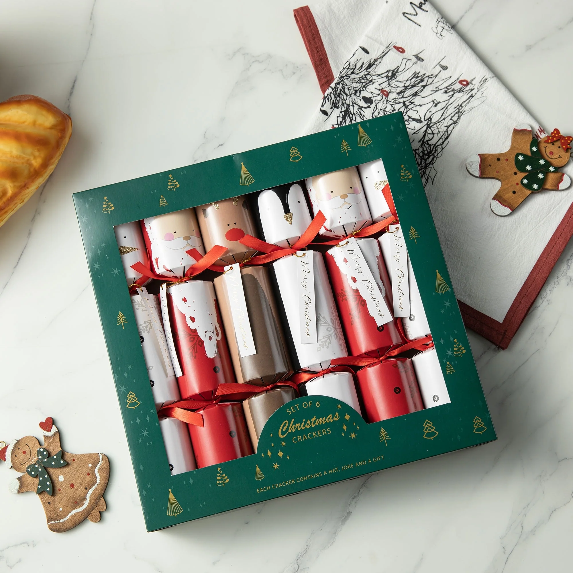 Glitzhome 14PK Christmas Santa Snowman Penguin Reindeer & Holy Leaves Party Crackers with Gift Contents