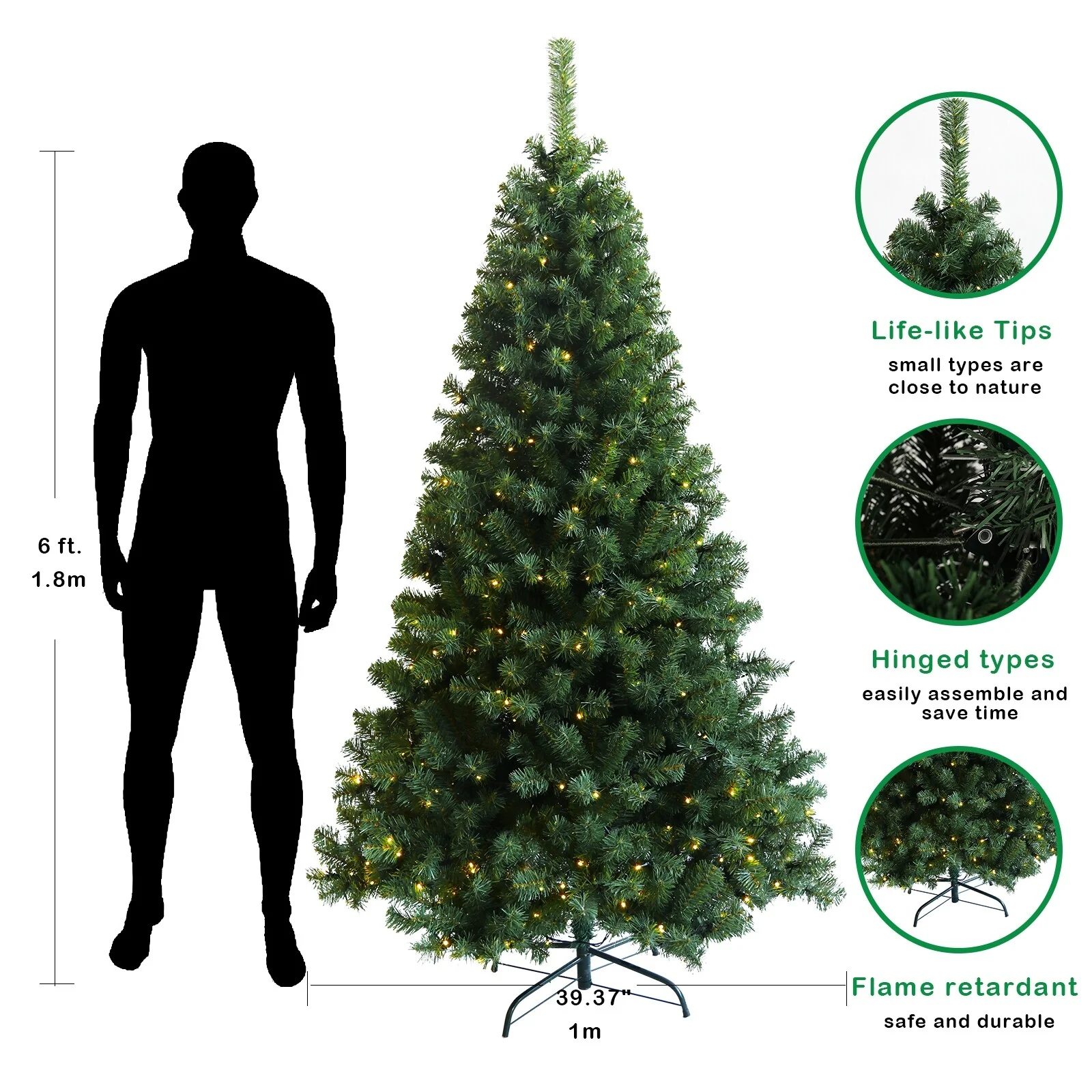 6' Pre-Lit Hinged Artificial Christmas Tree, 1,000 PVC Branch Tips & 300 LED Lights, Foldable Stand