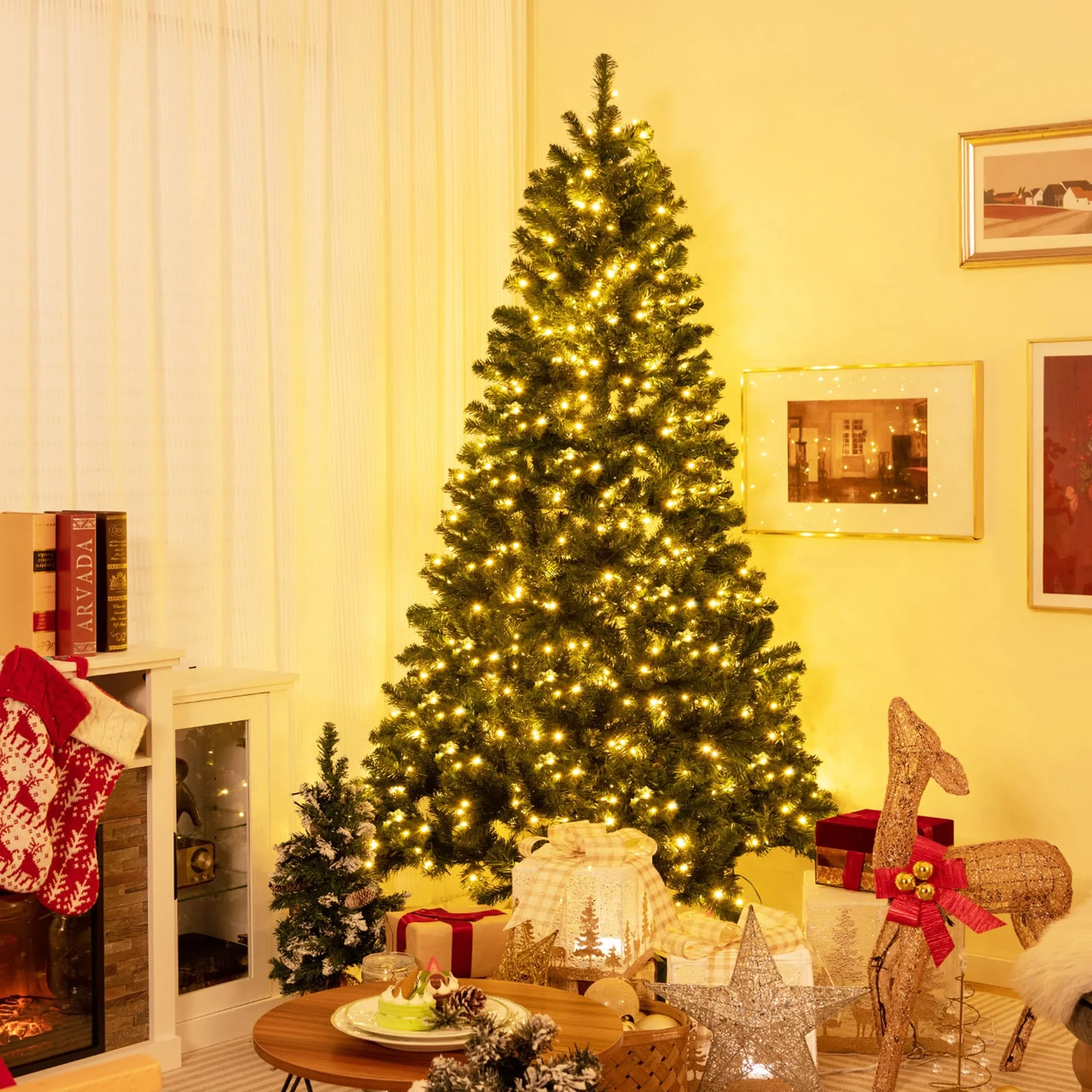 Gymax 6/7/8 FT Pre-Lit Artificial Christmas Tree Hinged Xmas Tree w