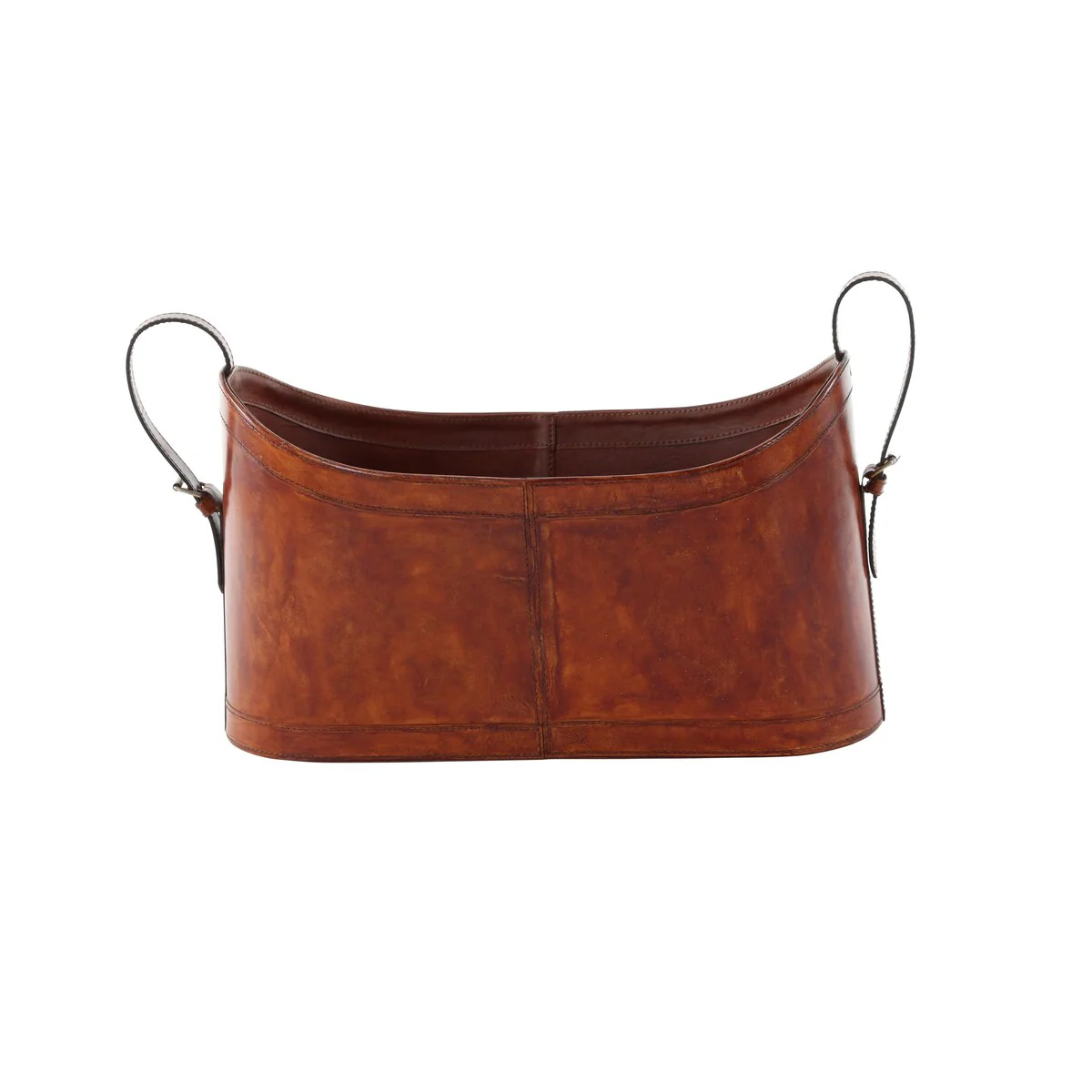 Leather Handmade Box Style Single Slot Magazine Holder with Detail Stitching and Curved Handles - Brown - Roche River Decor