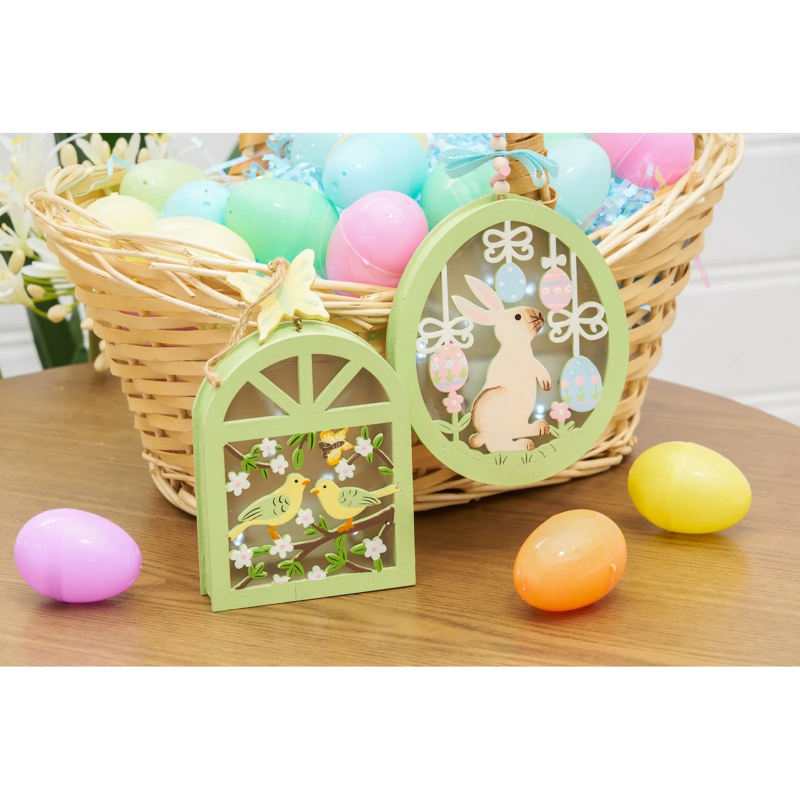 Spring Easter Bunny Rabbit Shadowbox Light-Up LED Ornament Decoration S/2 - Green - Set of 2