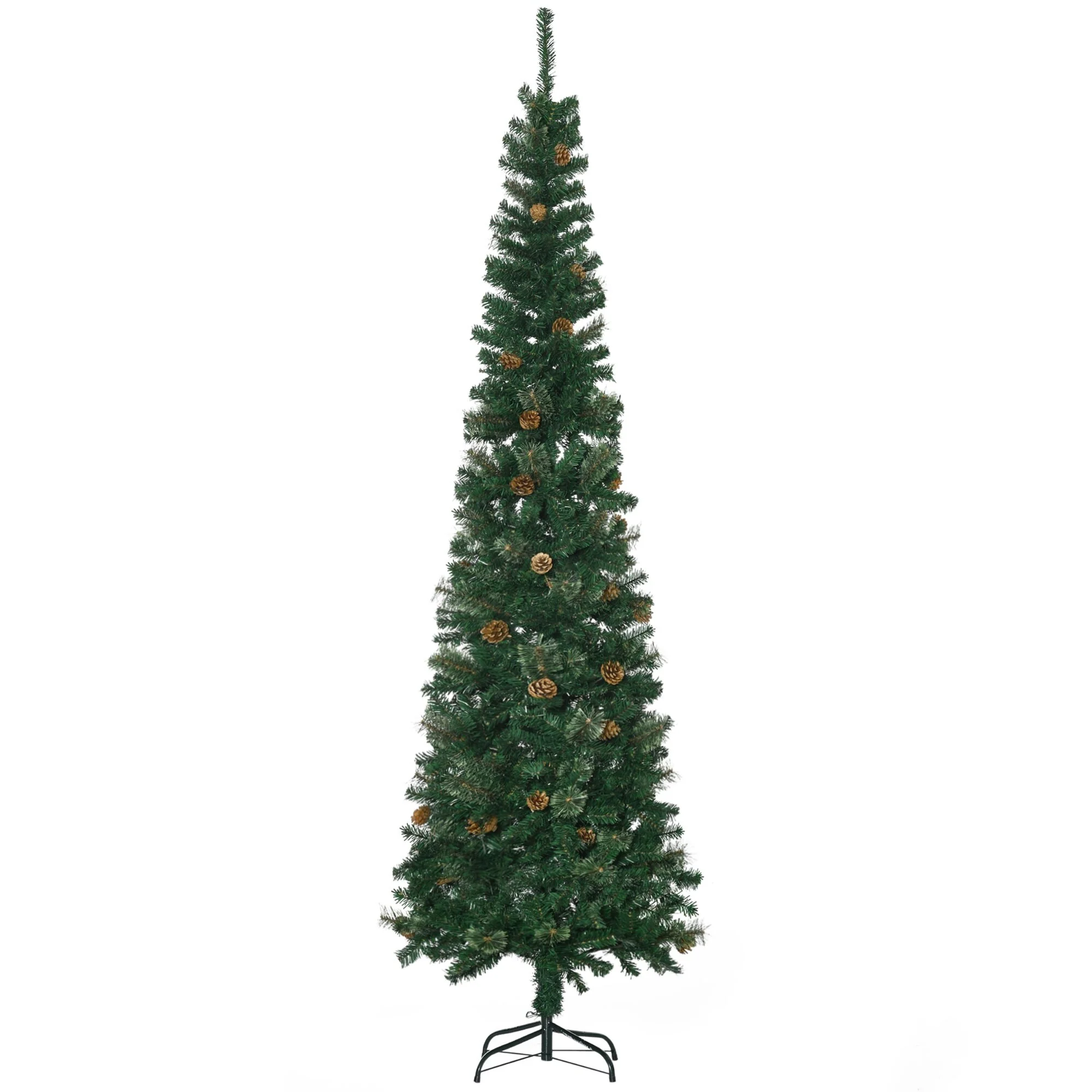 7.5' Tall Artificial Slim Pine Christmas Tree with Realistic Branches, Pine Cones, and Metal Base
