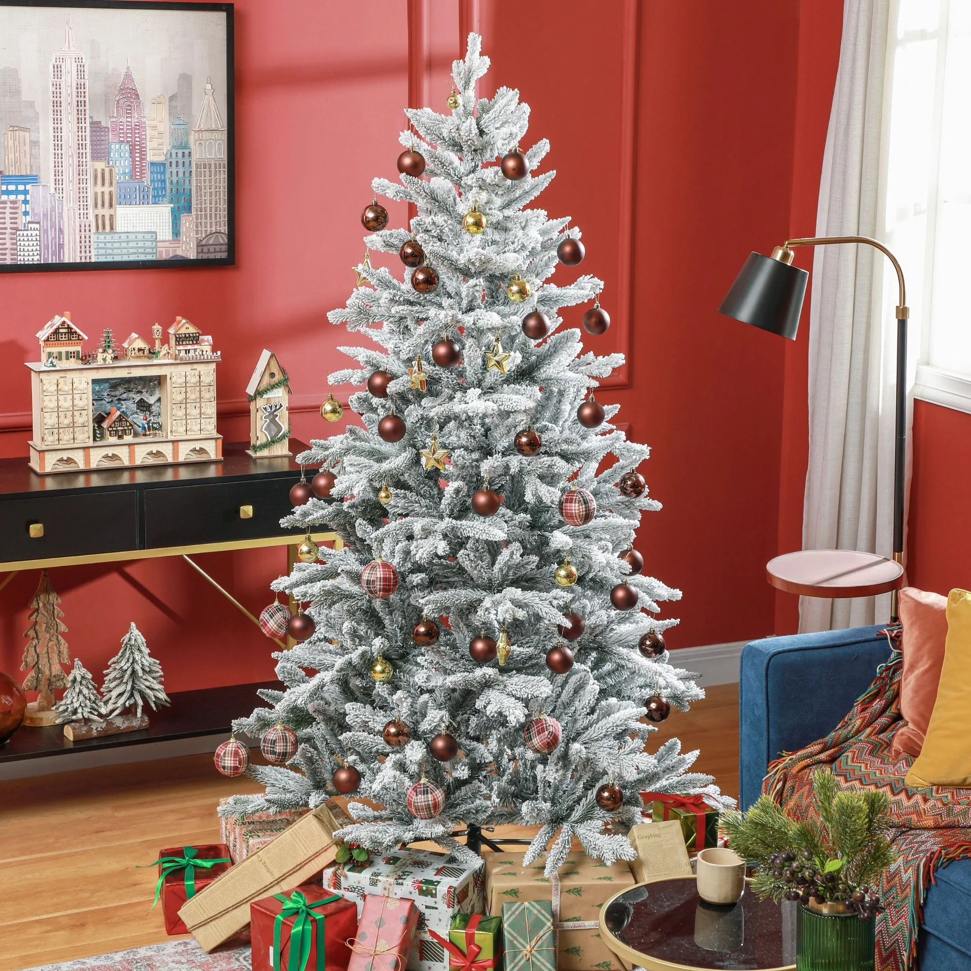 6ft Snow Flocked Christmas Tree with 994 Tips, Pre-Attached Branches, Flame Retardant, and Stable Metal Base