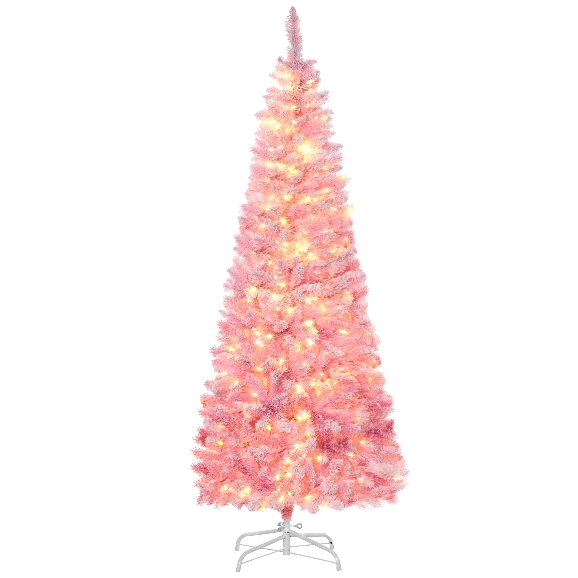 6ft Pink & White Prelit Snow-Flocked Pencil Artificial Christmas Tree by HOMCOM with 390 Branch Tips
