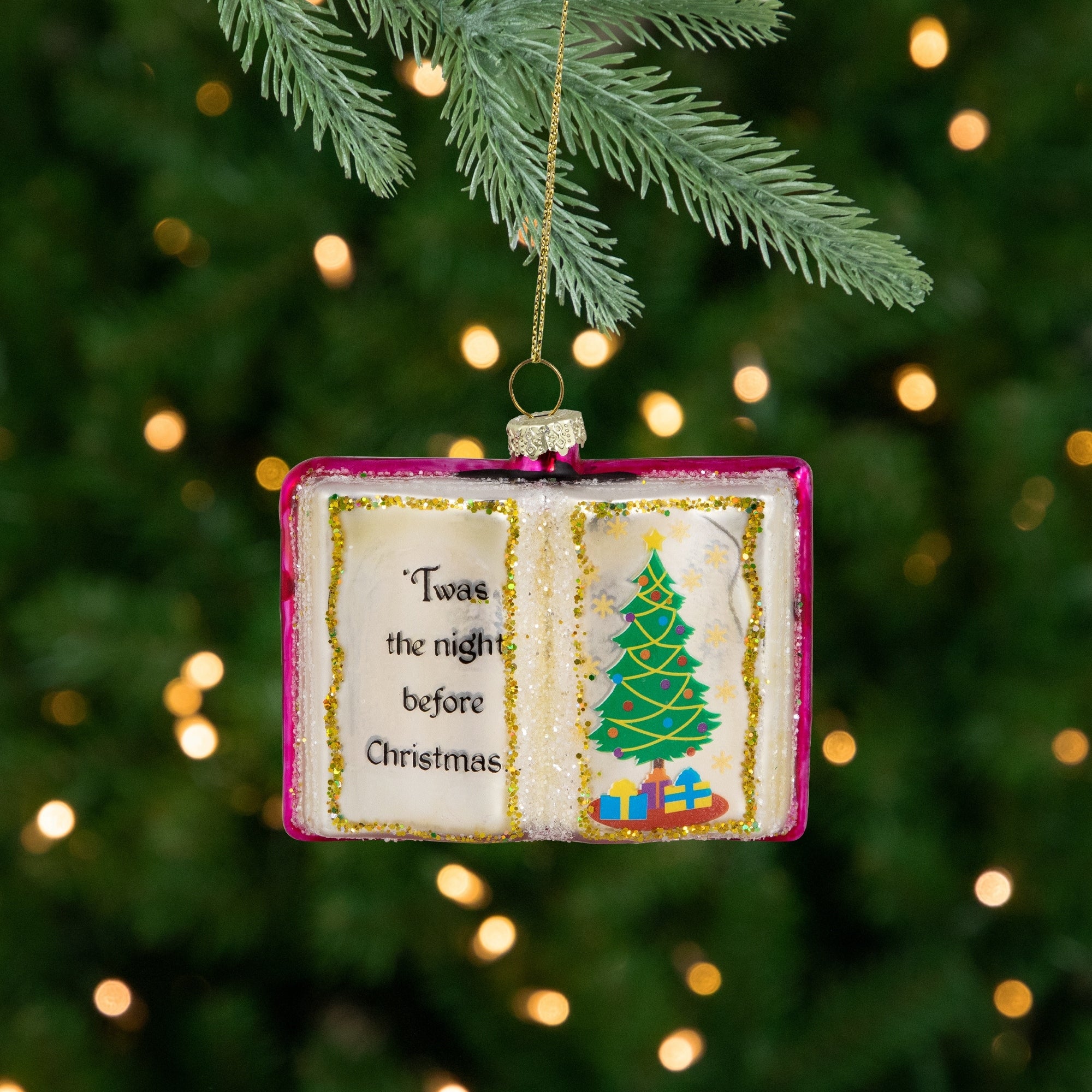 Glittered Twas the Night Before Christmas Book Glass Ornament - 3.5