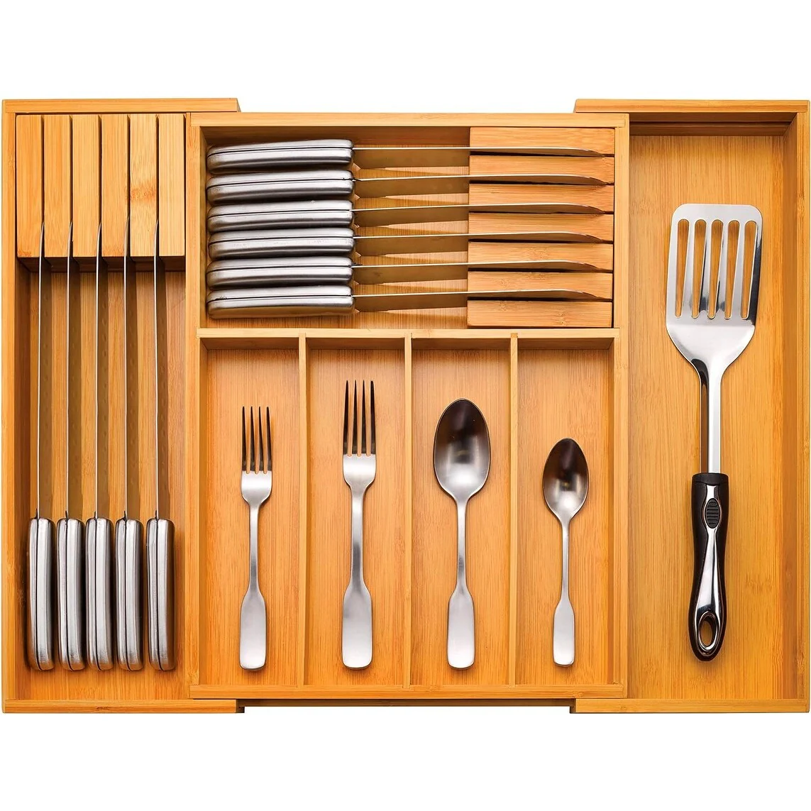 Utensil Organizer - Bamboo Expandable Silverware Organizer, Utensil Holder & Cutlery Tray with Divider and Removable Knife Block