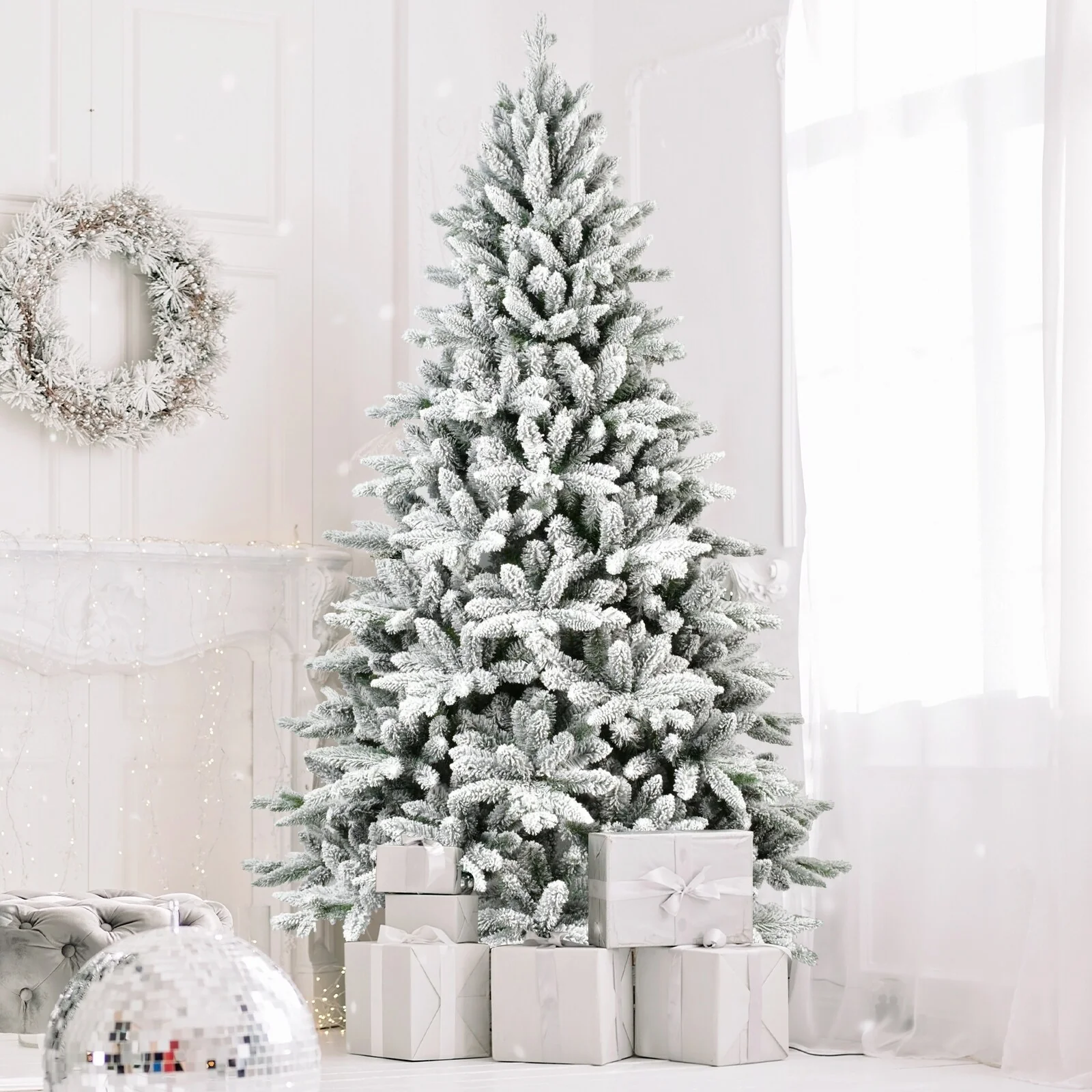 Realistic 5FT PE PVC Flocked Christmas Tree with Hinged Structure and Metal Stand, Fake Xmas Tree for Holiday Home Party