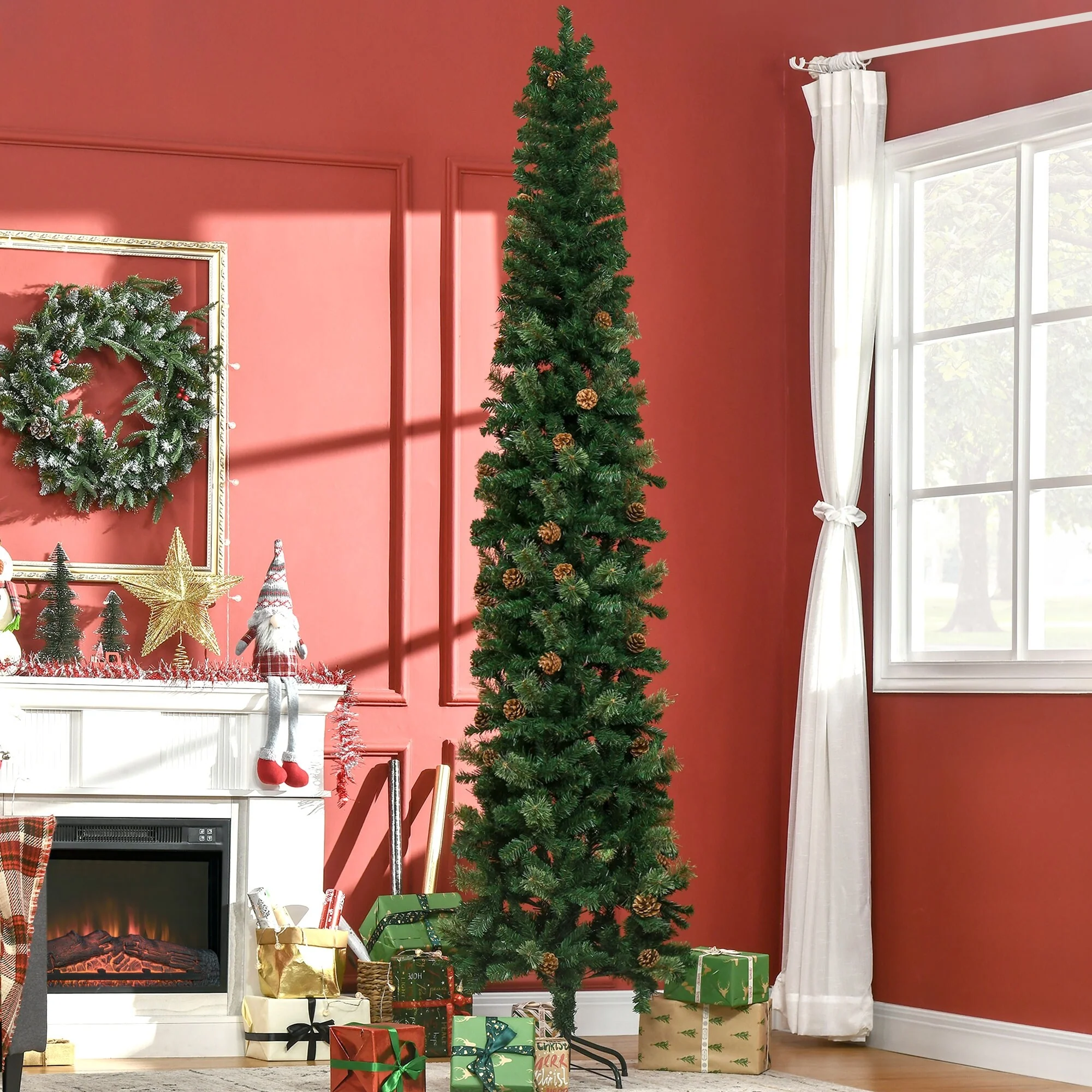 9.5ft Slim Christmas Tree with Pine Cones, Realistic Needles and Metal Base