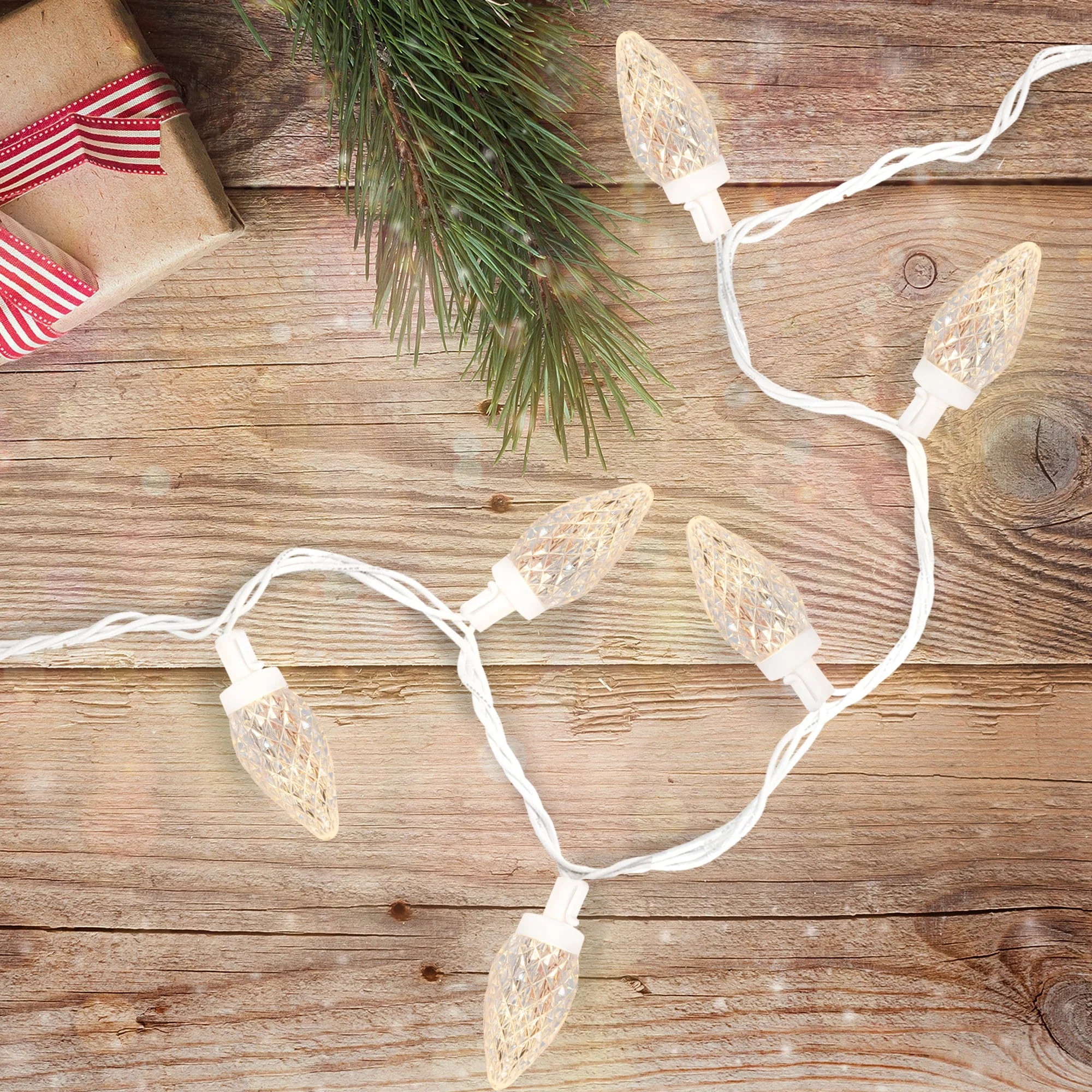 100 Warm White LED Faceted C9 Length Christmas Lights - 41 ft
