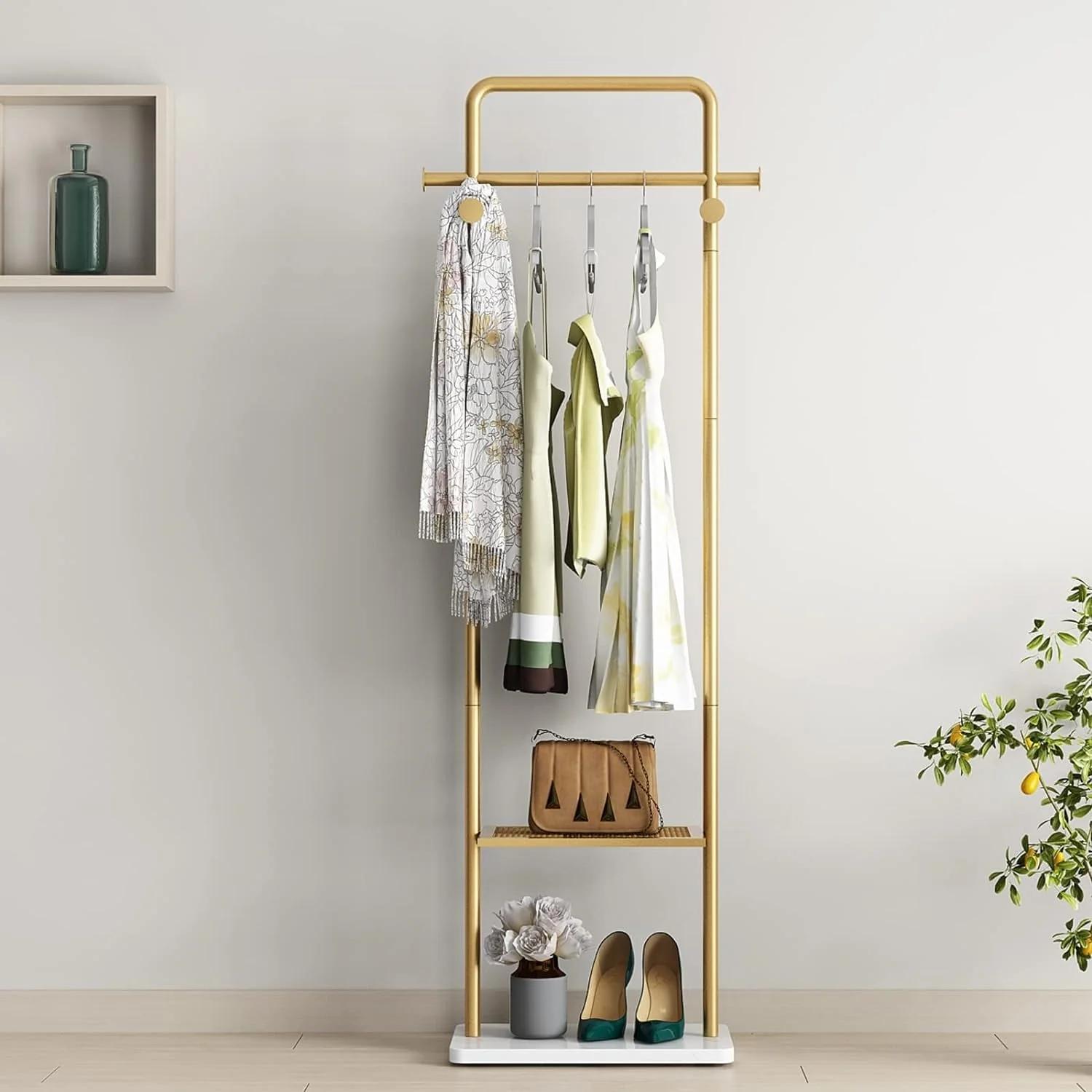 Freestanding Metal Corner Clothes Stand Coat Rack with 4 Hooks Gold