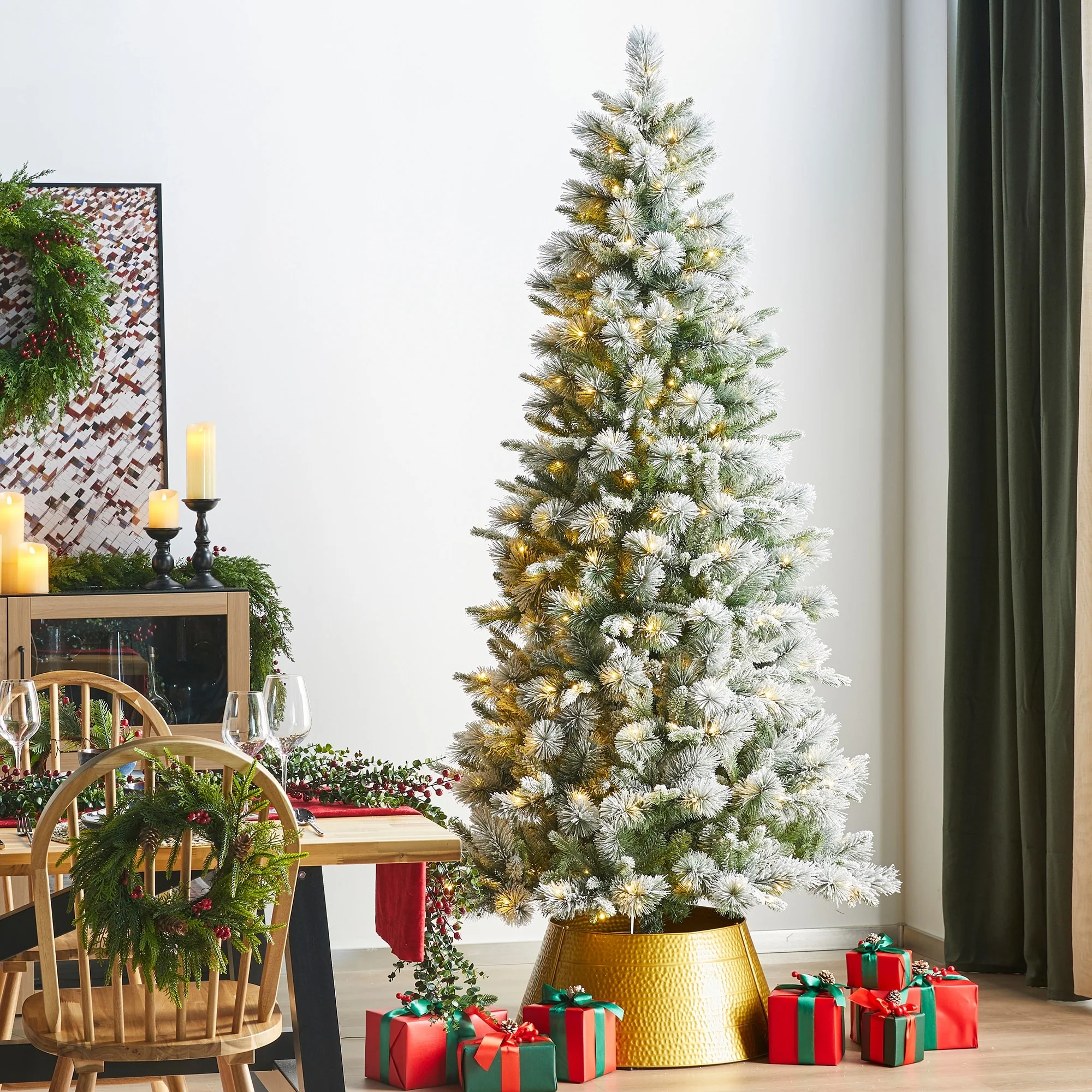 Glitzhome 7.5ft/9ft/11ft Pre-Lit Flocked Slim Pine Artificial Christmas Tree w/ Foot Pedal & Remote Control