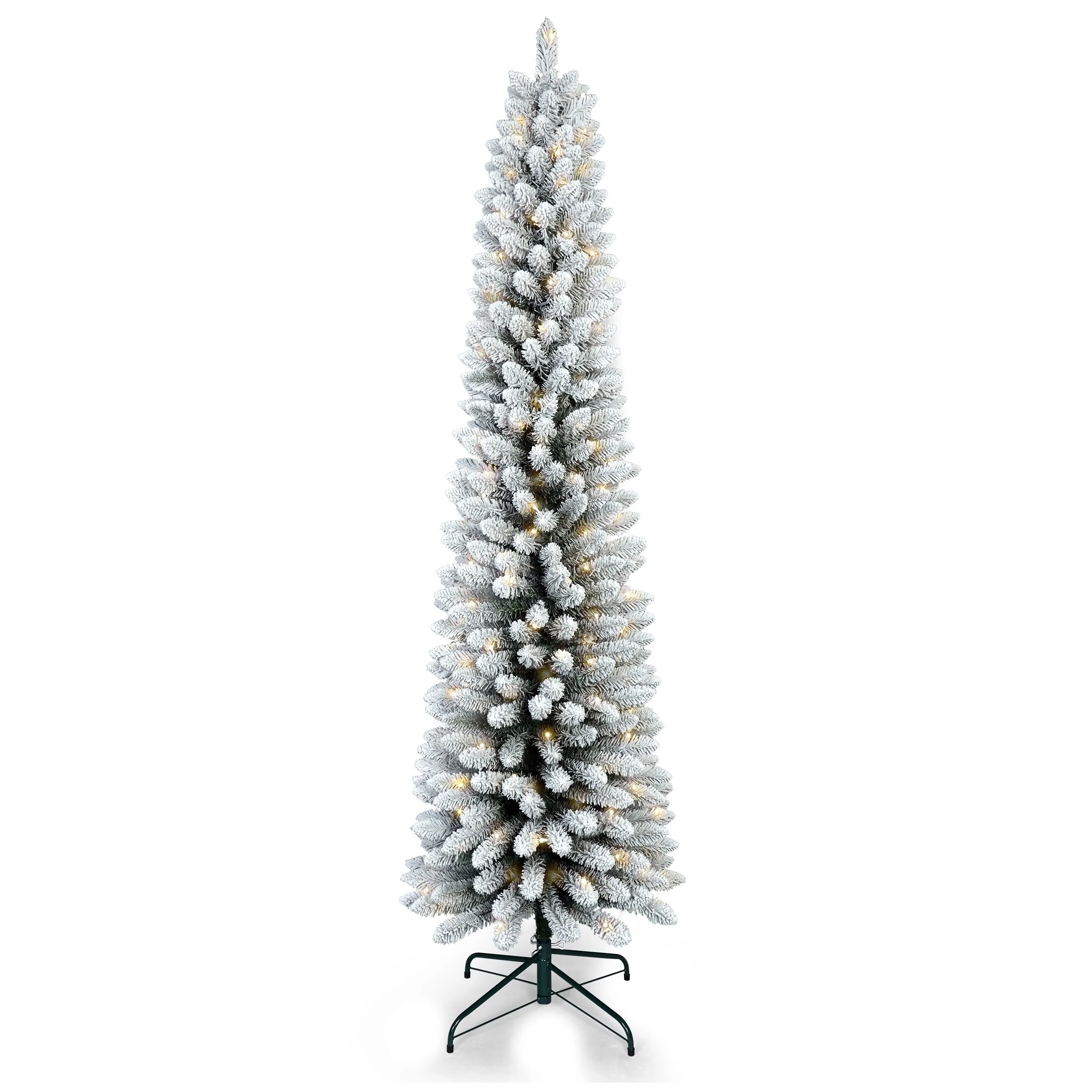 5FT Flocked Pencil Christmas Tree with 100 Warm White LED Lights-Slim Snowy PVC Tree with 263 Tips, Space-Saving Design