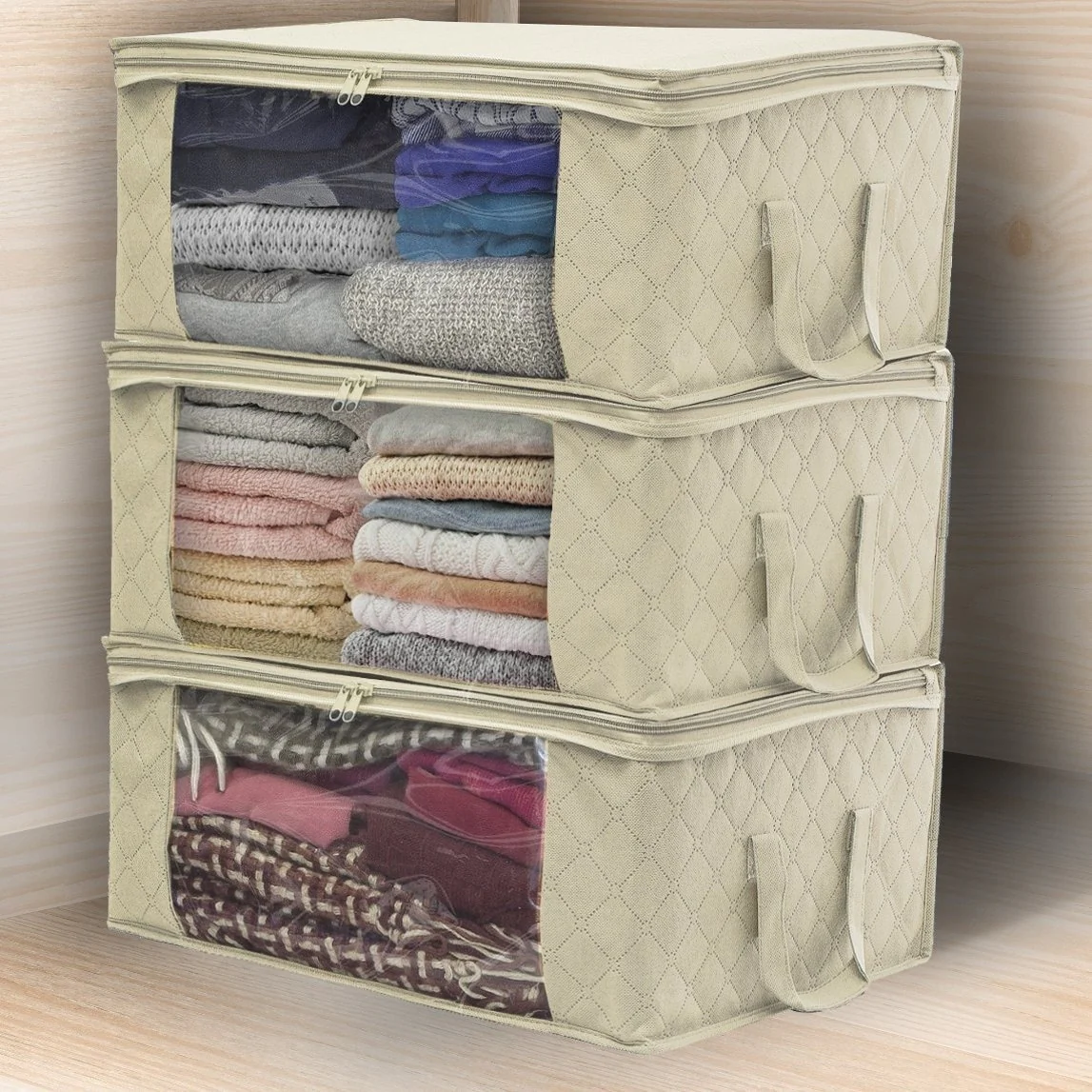 Sorbus Foldable Storage Bag Organizers, Large Clear Window & Carry Handles (3 Pack, Beige)