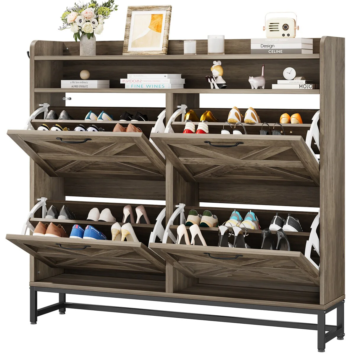 Moasis Farmhouse Flip Shoe Cabinet Shoe Storage Cabinet with 4 Flip Doors Adjustable Shelf - 47.2