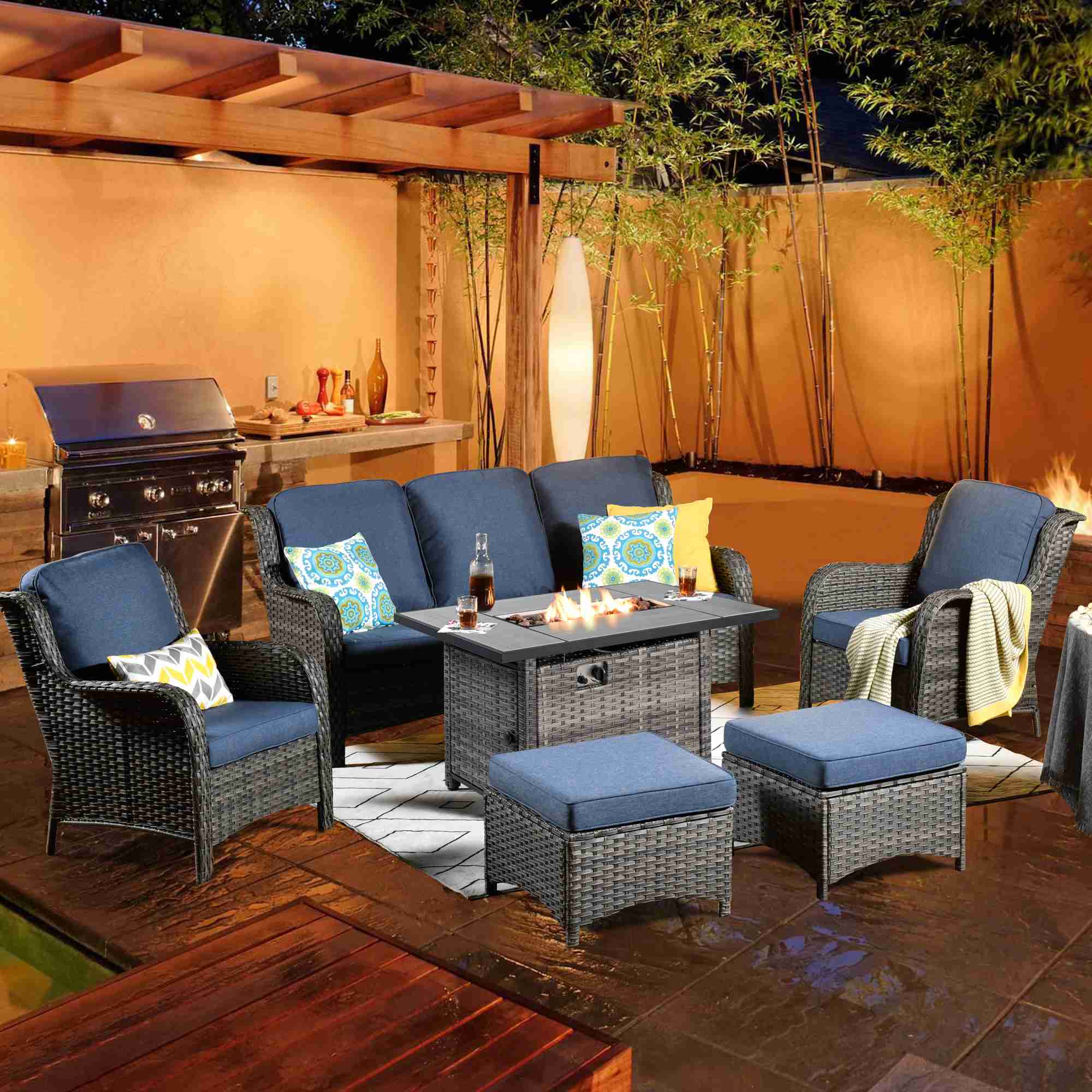 Ovios Patio 6-Piece Conversation Set with 42'' Rectangle Propane Fire Pit Table Kenard