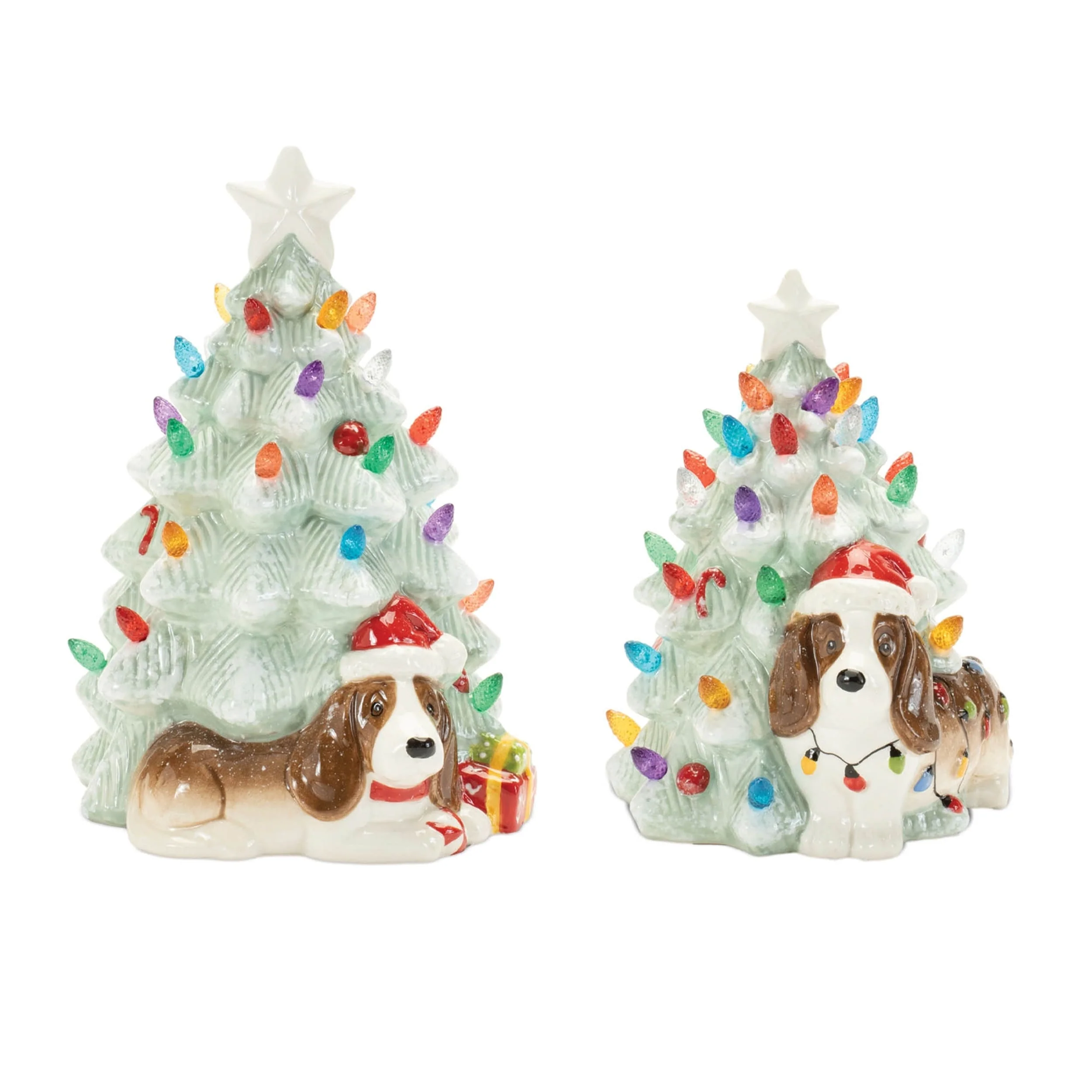 Set of 2 Ceramic Christmas Trees and Dog Accent with Multicolored Bulbs Holiday Mantel or Tabletop Decor - 6”L x 6” x 8”H