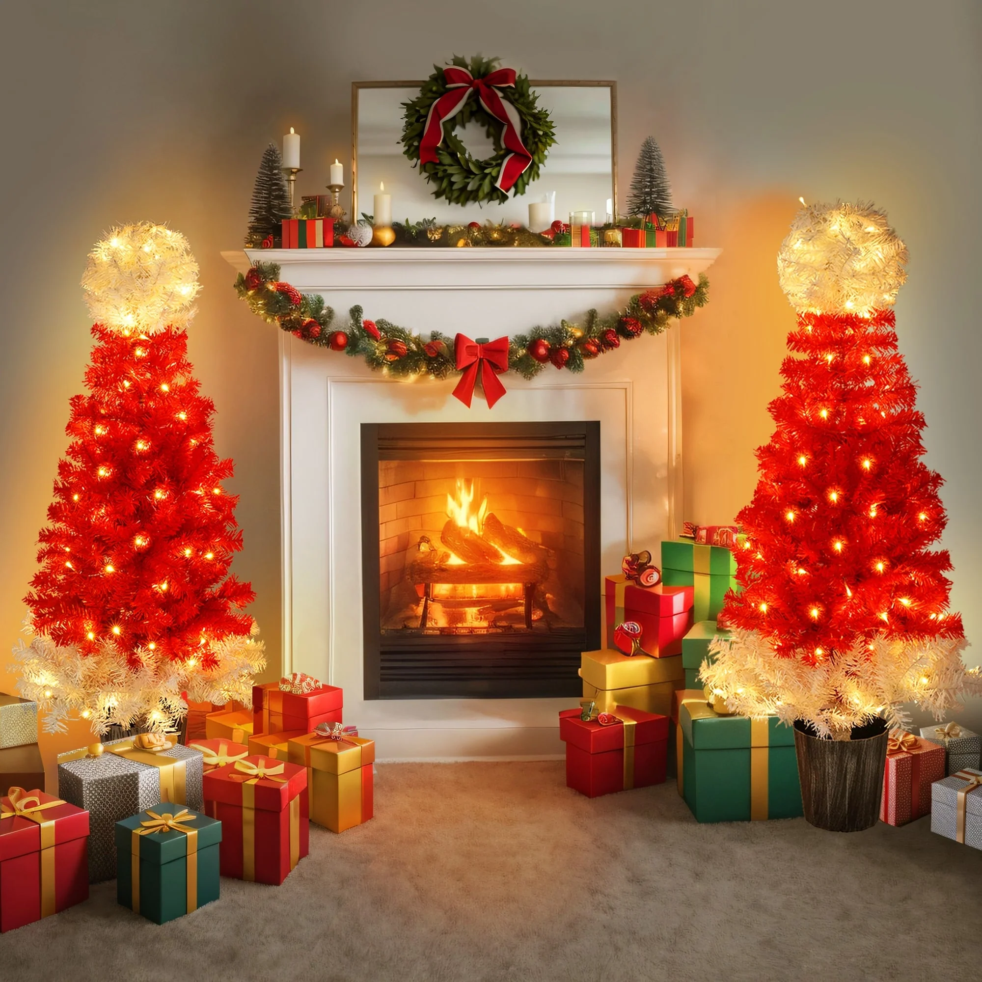 4FT Santa Hat Christmas Tree Set of 2, Pre-Lit with 100 Warm White LED Lights, Festive Indoor/Outdoor Decor