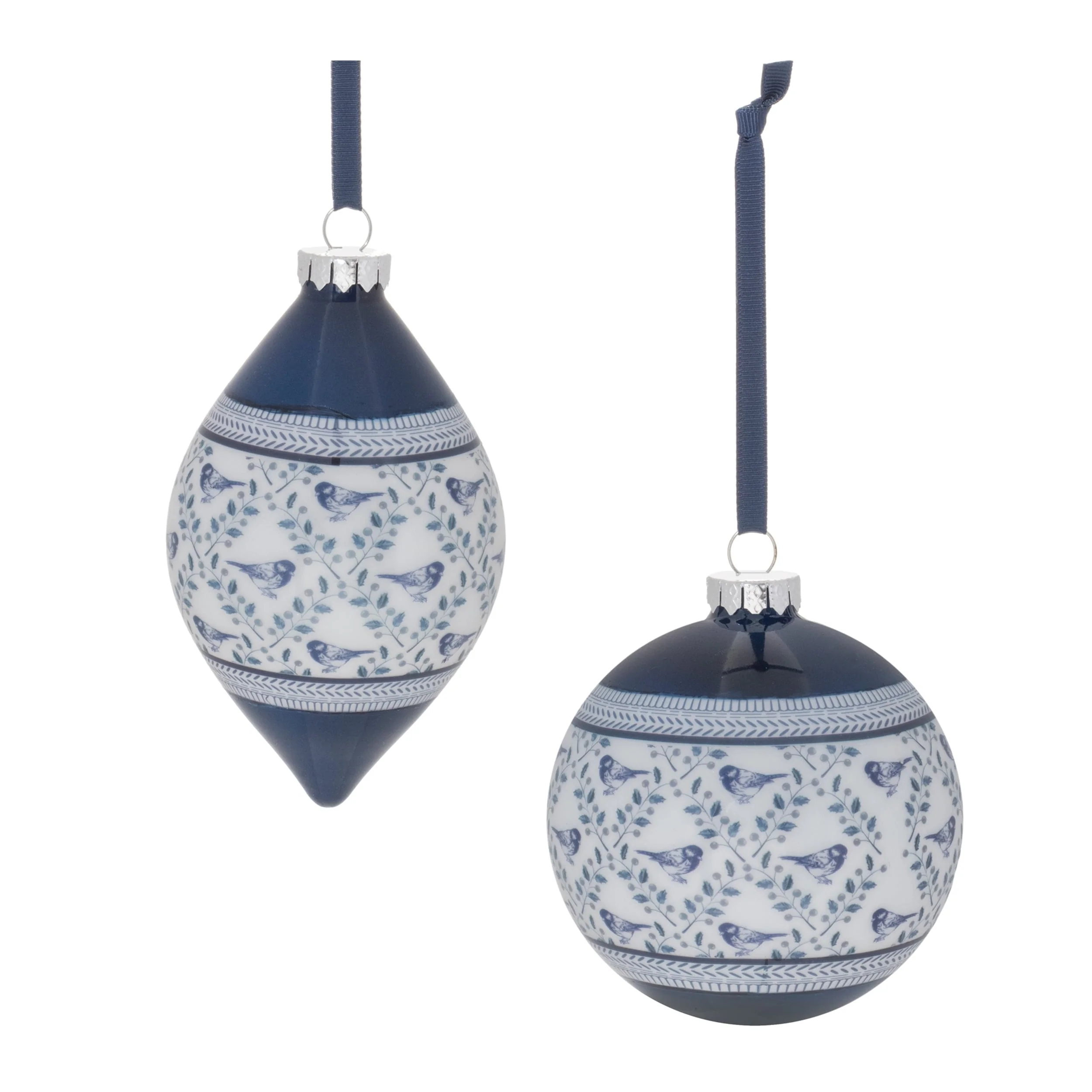 Set of 6 Blue White Glass Chinoiserie Christmas Ornaments with Bird Floral Design for Holiday Decor - 4.5”L x 4.5”W x 4.5”H