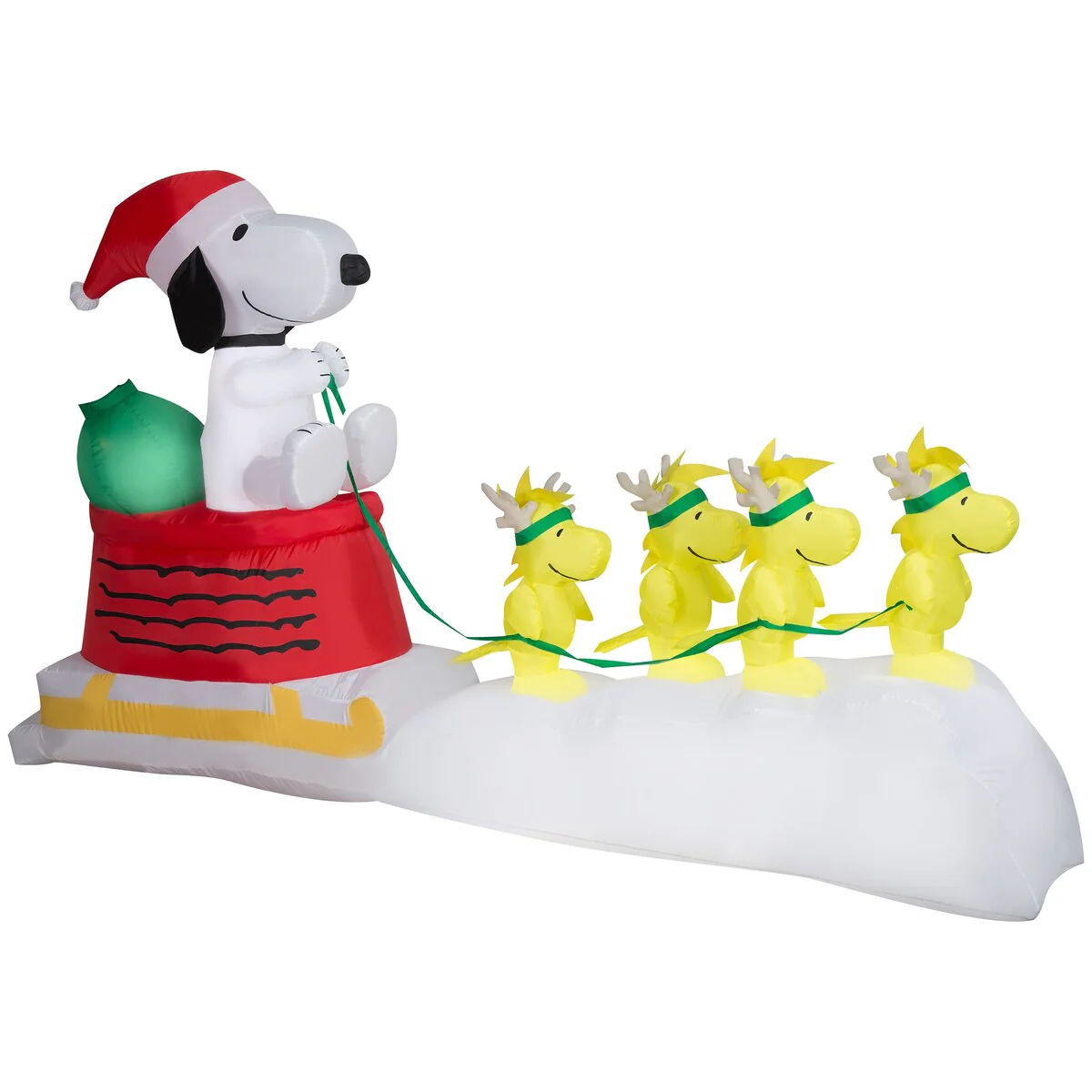 Gemmy Christmas Airblown Inflatable Snoopy in Dog Bowl Sleigh w/Woodstocks Scene Peanuts, 5 ft Tall