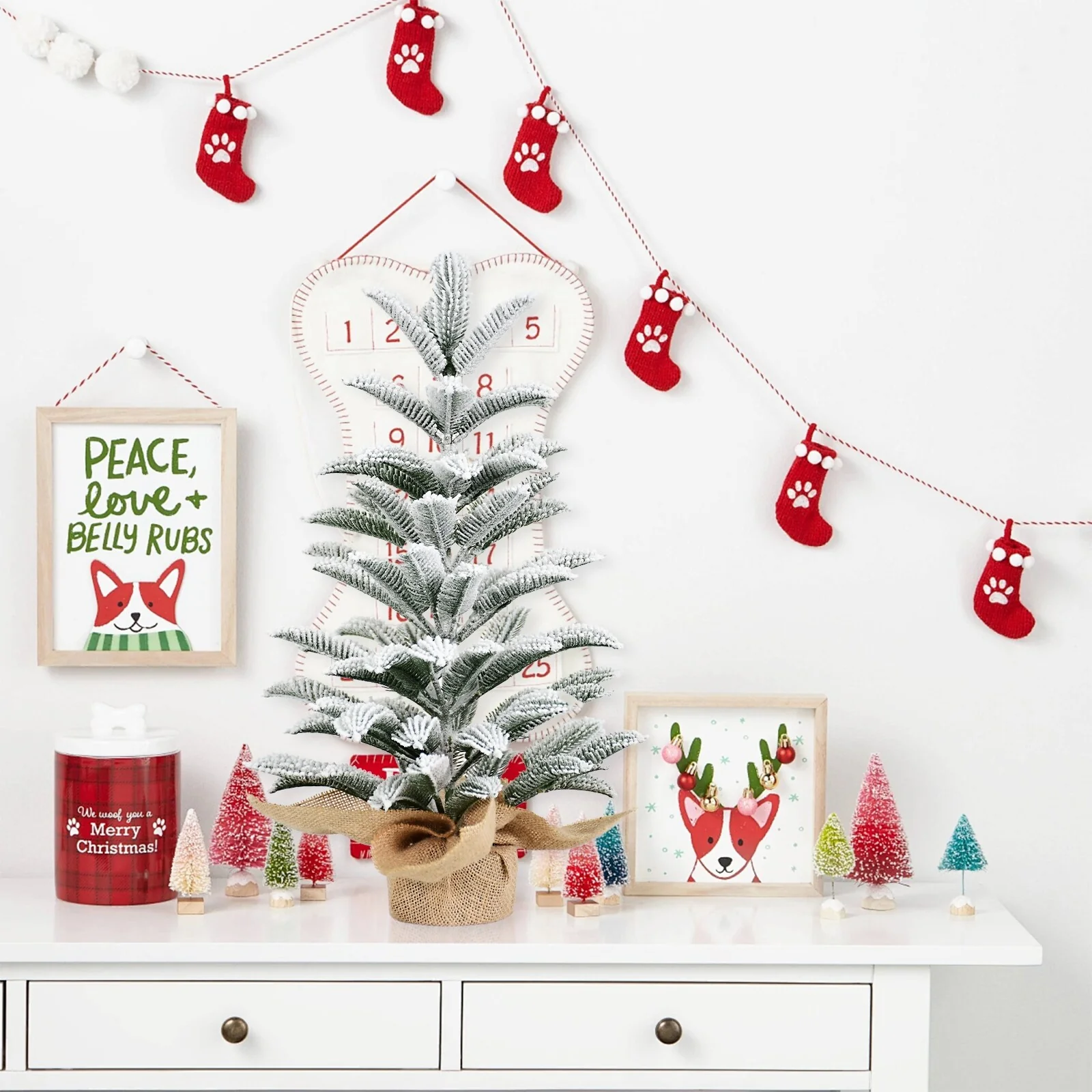 50CM Flocked Tabletop Christmas Tree, Full PE Snowy Mini Tree with 85 Tips, Cement Burlap Base-Small Winter Holiday Decor