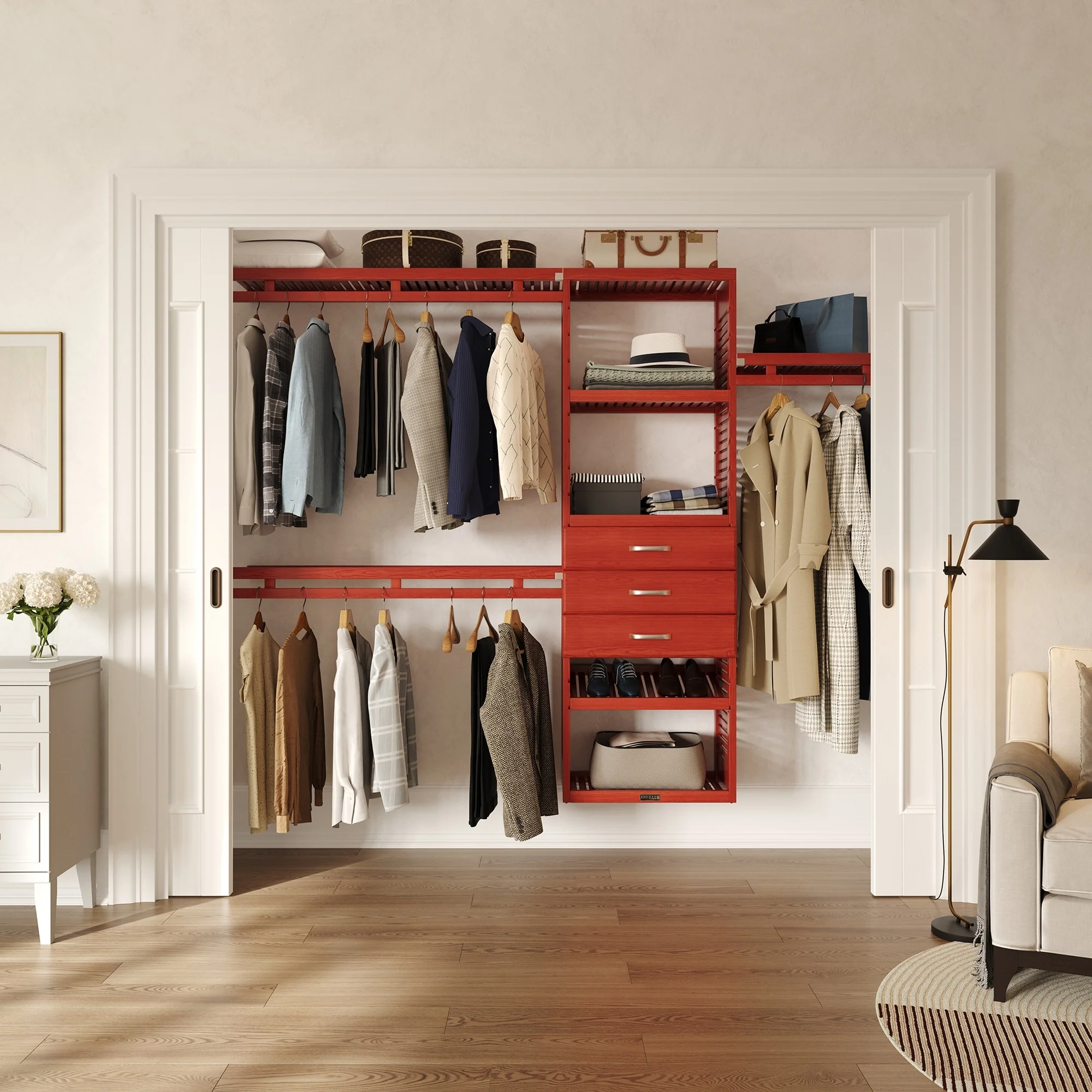 John Louis Home Solid Wood Reach-In Simplicity Closet System with 3-Drawers Red Mahogany