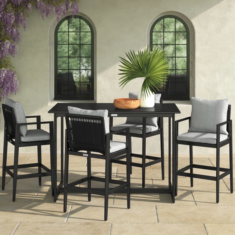 Trosclair 5 Piece Outdoor Patio Bar Table Set in Aluminum with Grey Cushions
