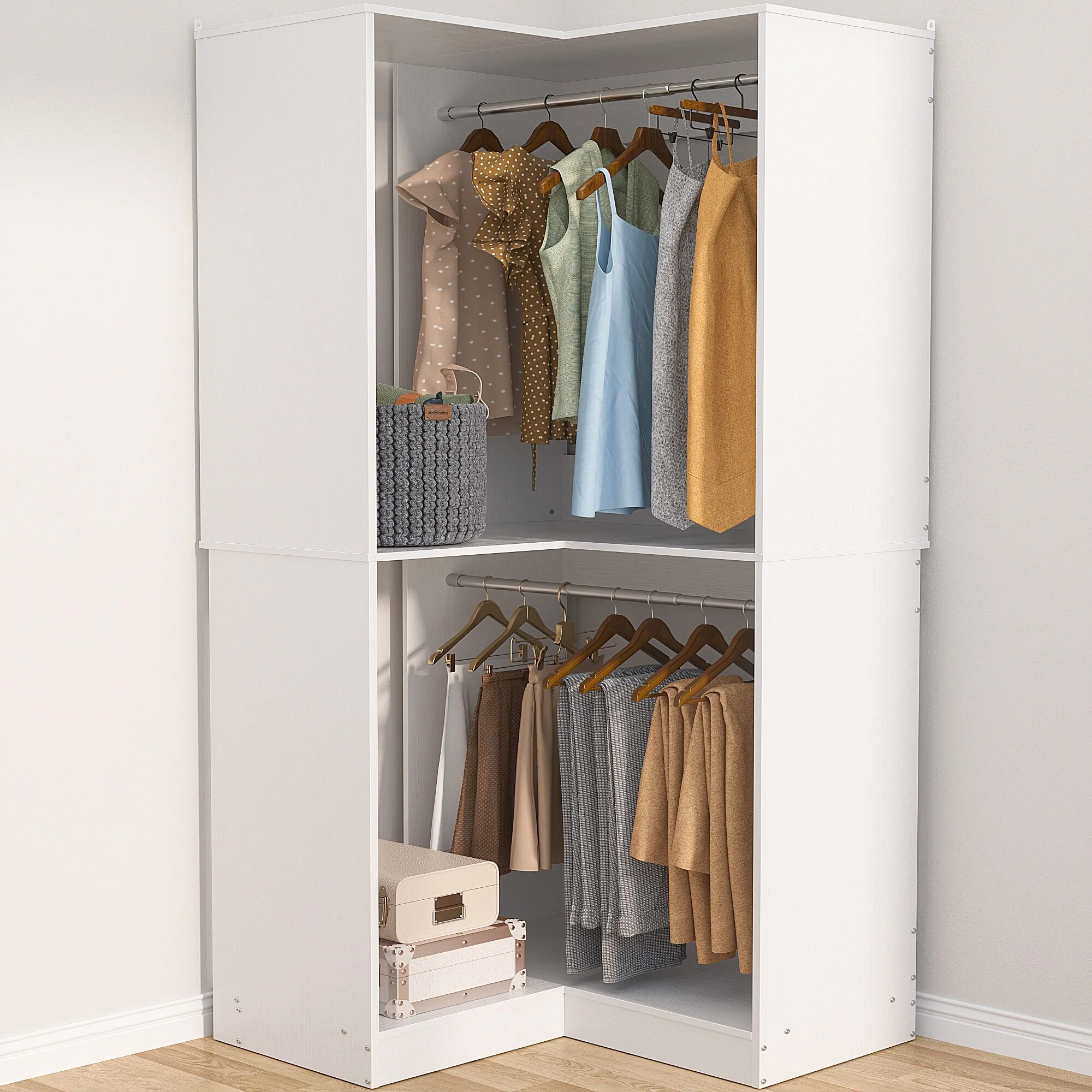 Vryon Corner Closet Organizer, Space-saving Closet System with Hanging Rods for Walk-in Closet