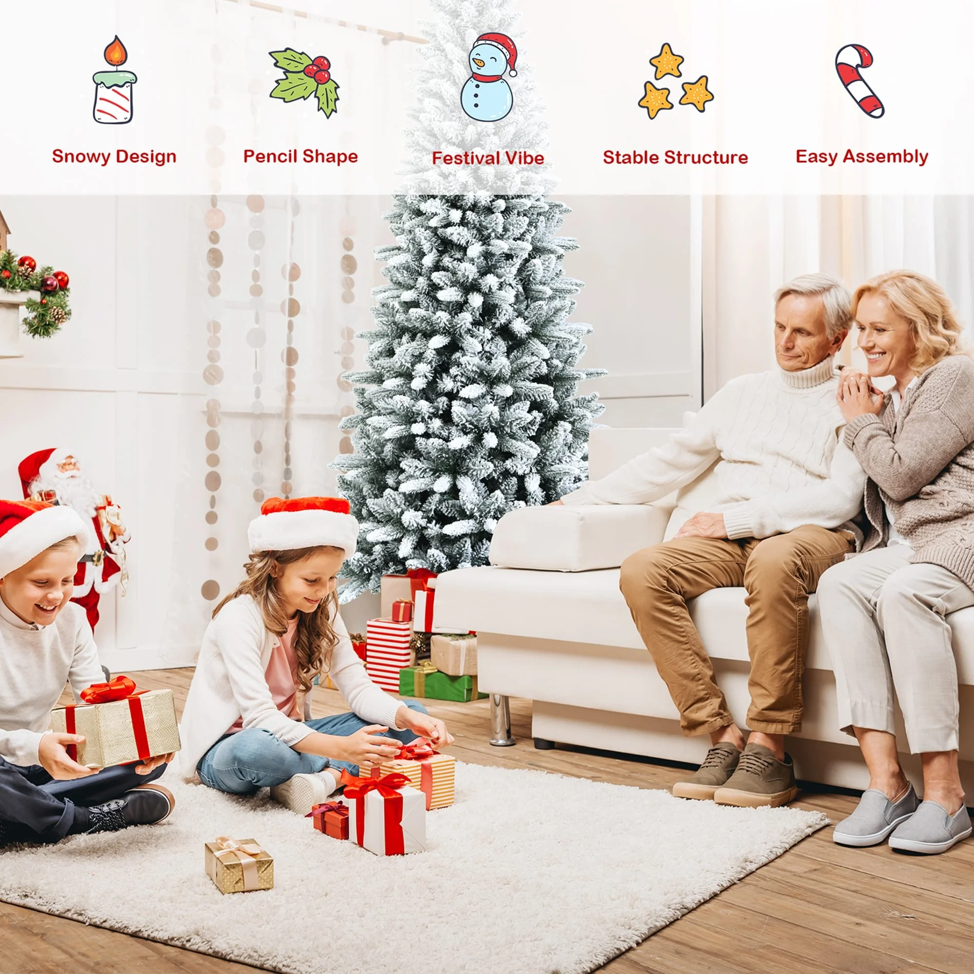 Gymax 4.5/6.5/7.5 FT Artificial Slim Christmas Tree Unlit Snow-Flocked
