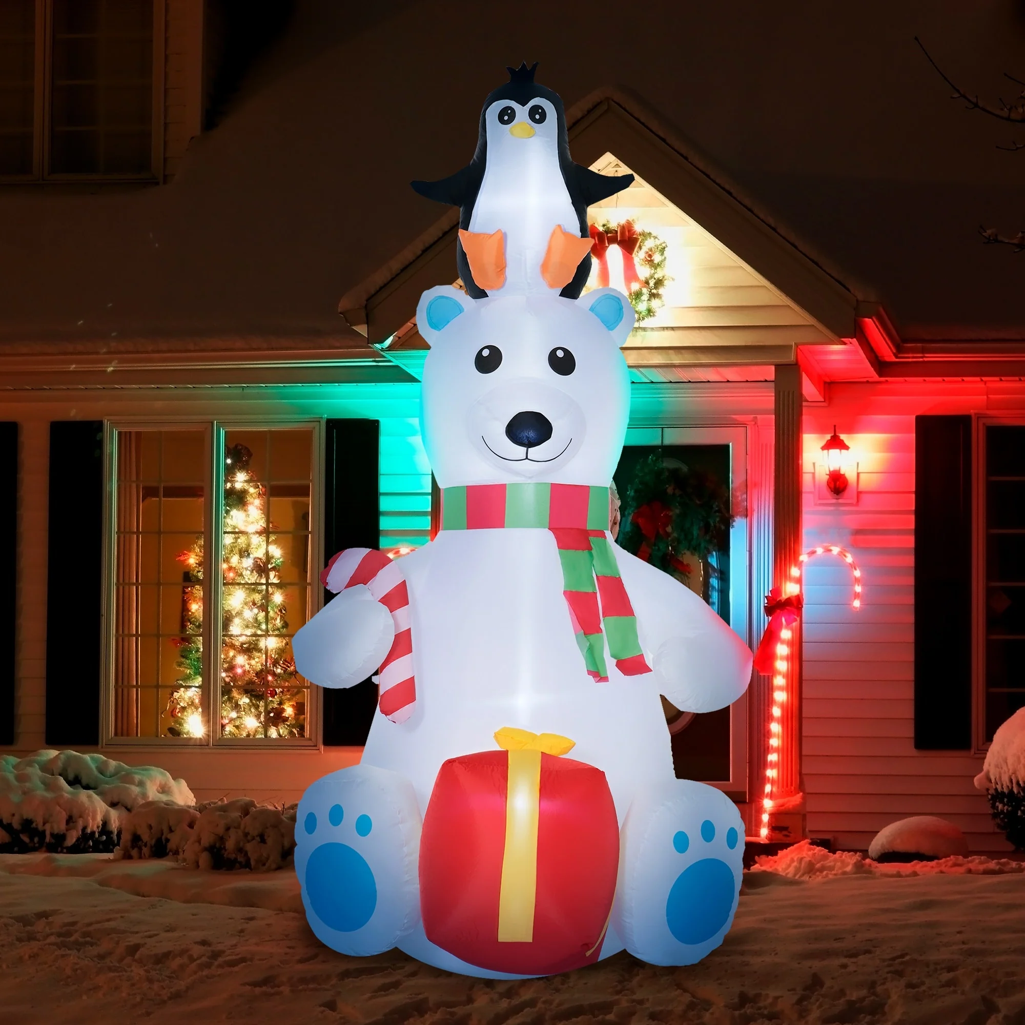 Outsunny 7ft Christmas Inflatable Polar Bear with Penguin on Head with Candy Cane and Gift Box, Blow-Up Outdoor LED Yard