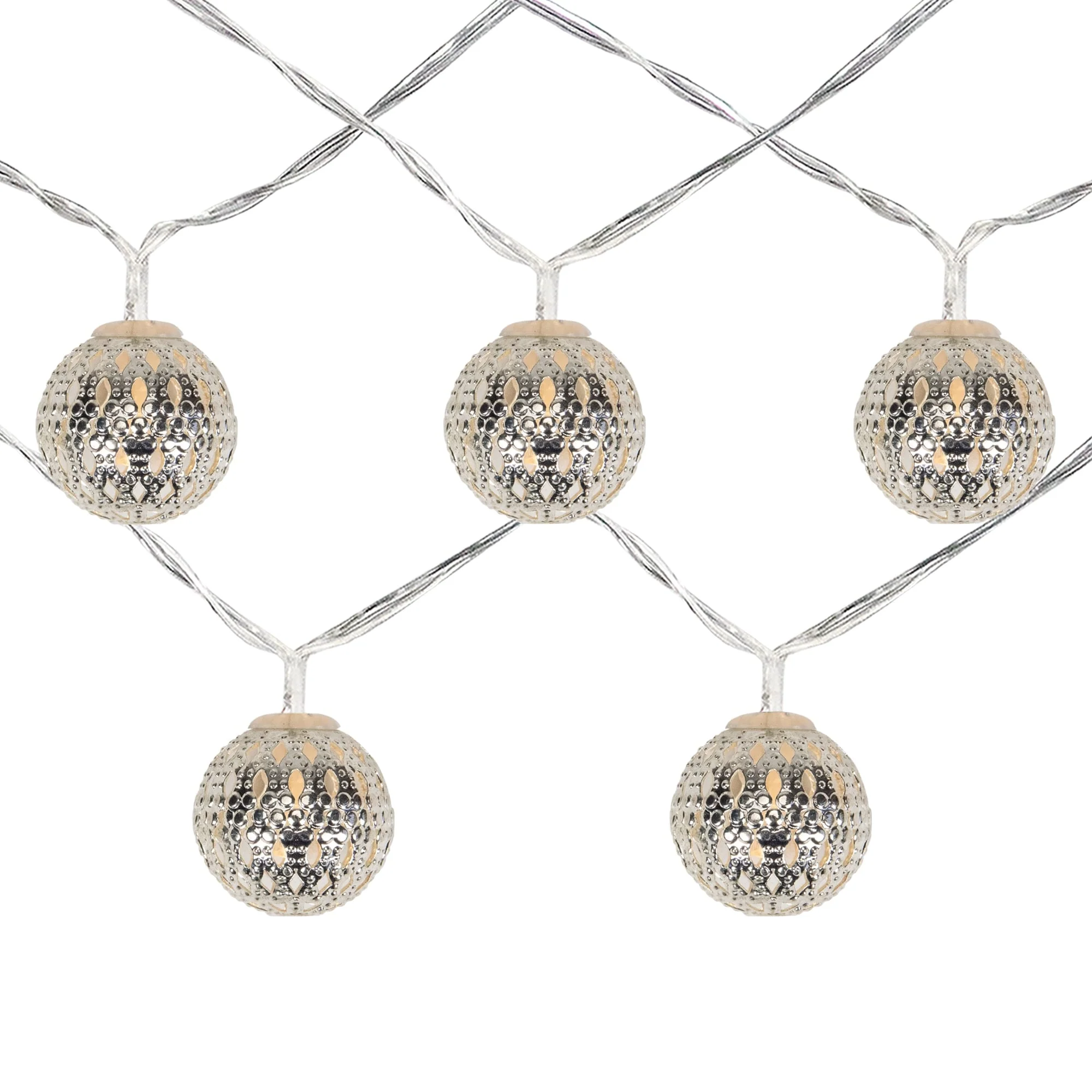 10 B/O LED White Silver Ball Christmas Lights - 6.25 ft Clear Wire
