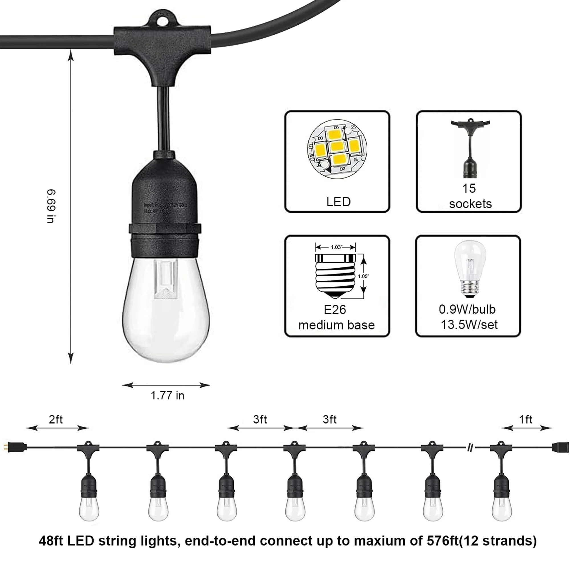 Banord LED 48 Foot 2 Watt String Lights, 17 Shatterproof Bulbs for Outdoor Use - 19.2