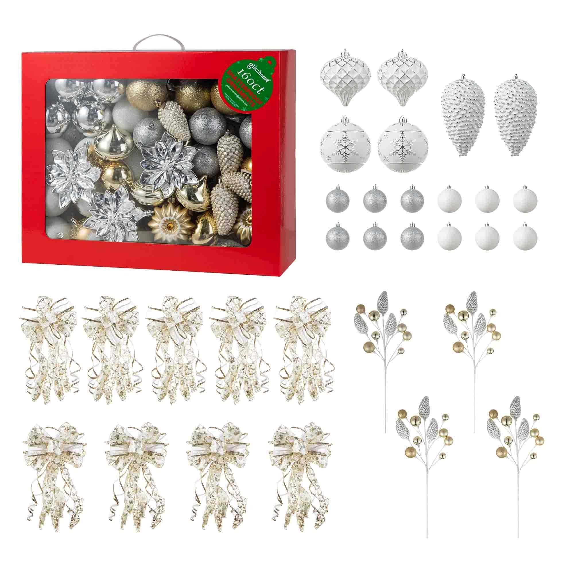 Glitzhome 191-Piece Glitter Ribbon Bow Gold Silver Ball Shatterproof Ornaments Xmas Tree Decor